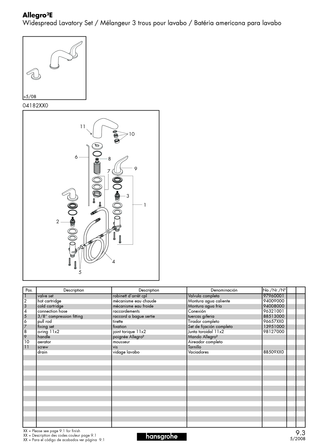 Hans Grohe 0482XX0 manual Allegro²E, 04182XX0 