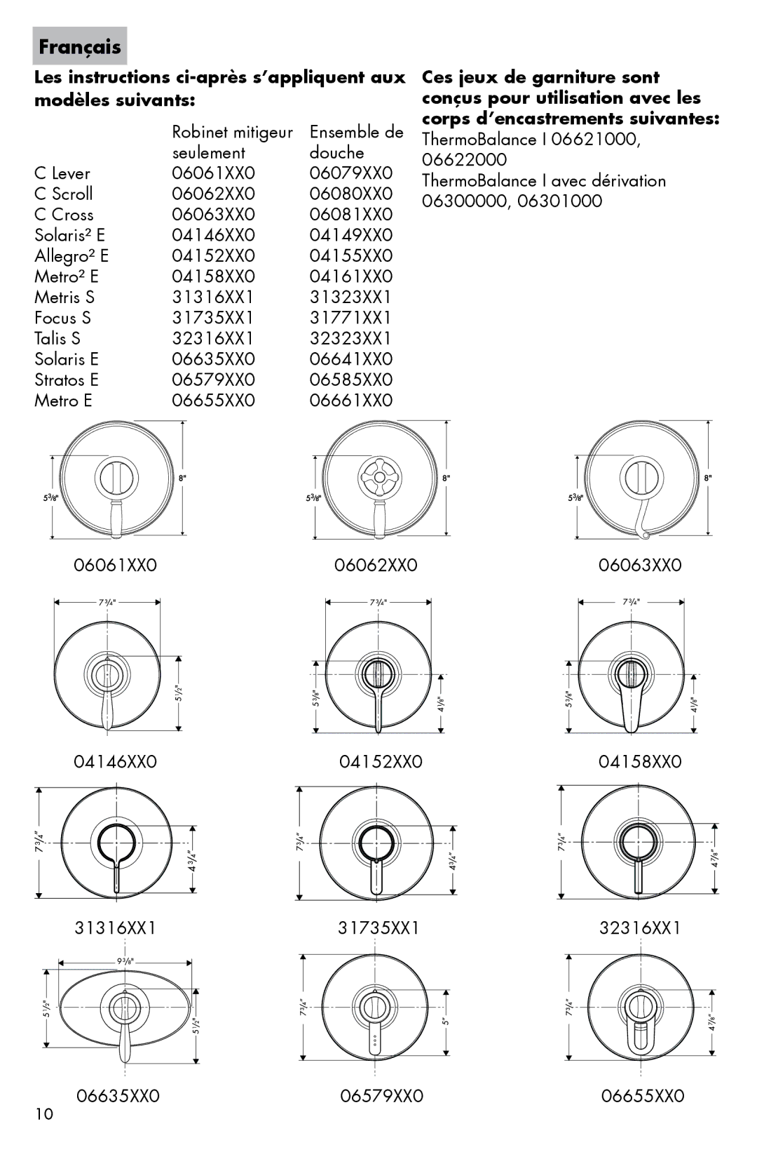 Hans Grohe 06061XX0 installation instructions Français, Les instructions ci-après s’appliquent aux modèles suivants 