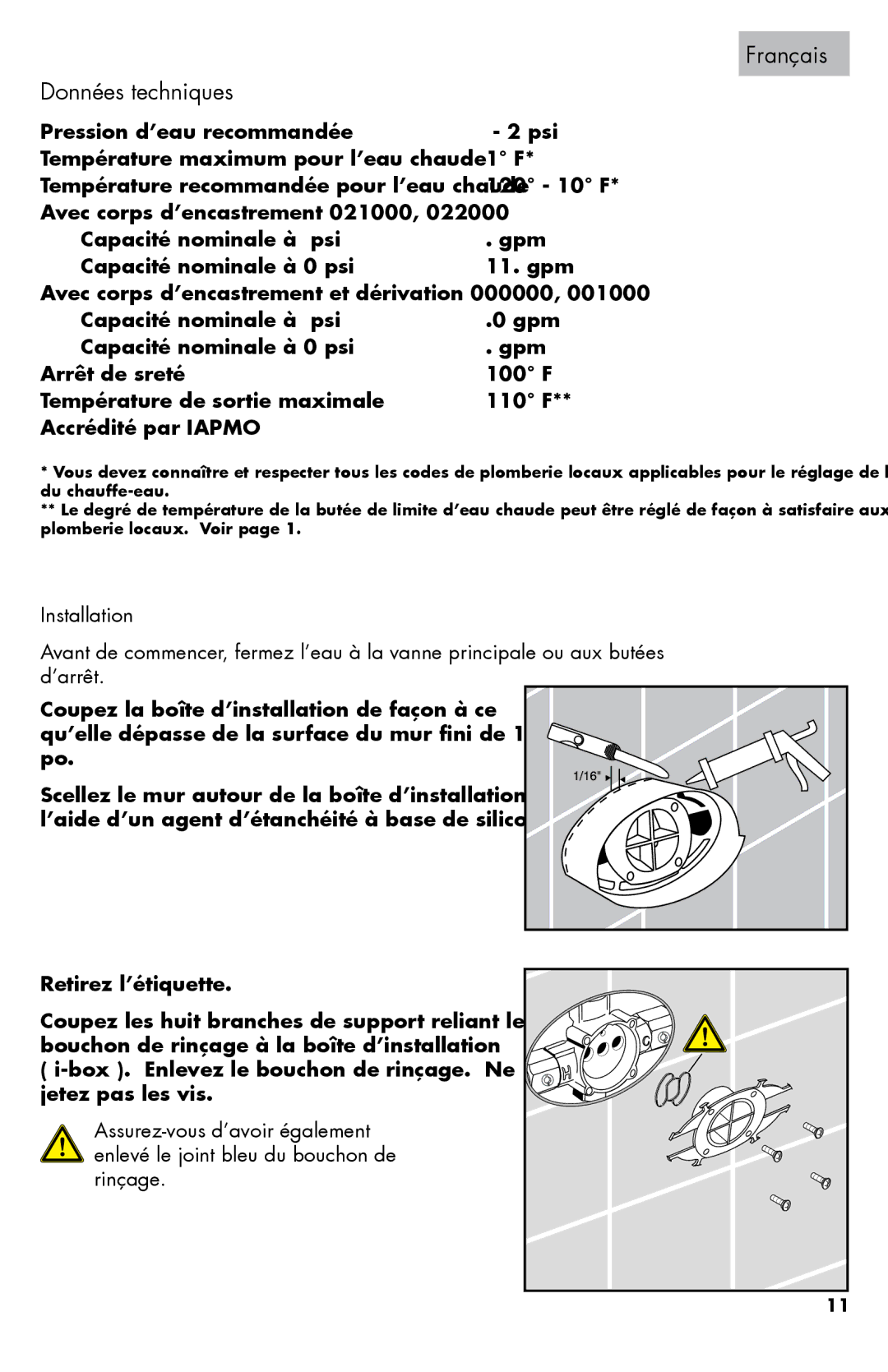 Hans Grohe 06061XX0 installation instructions Français Données techniques, Retirez l’étiquette 