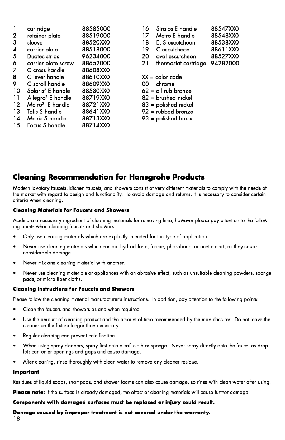 Hans Grohe 06061XX0 installation instructions Cleaning Recommendation for Hansgrohe Products 