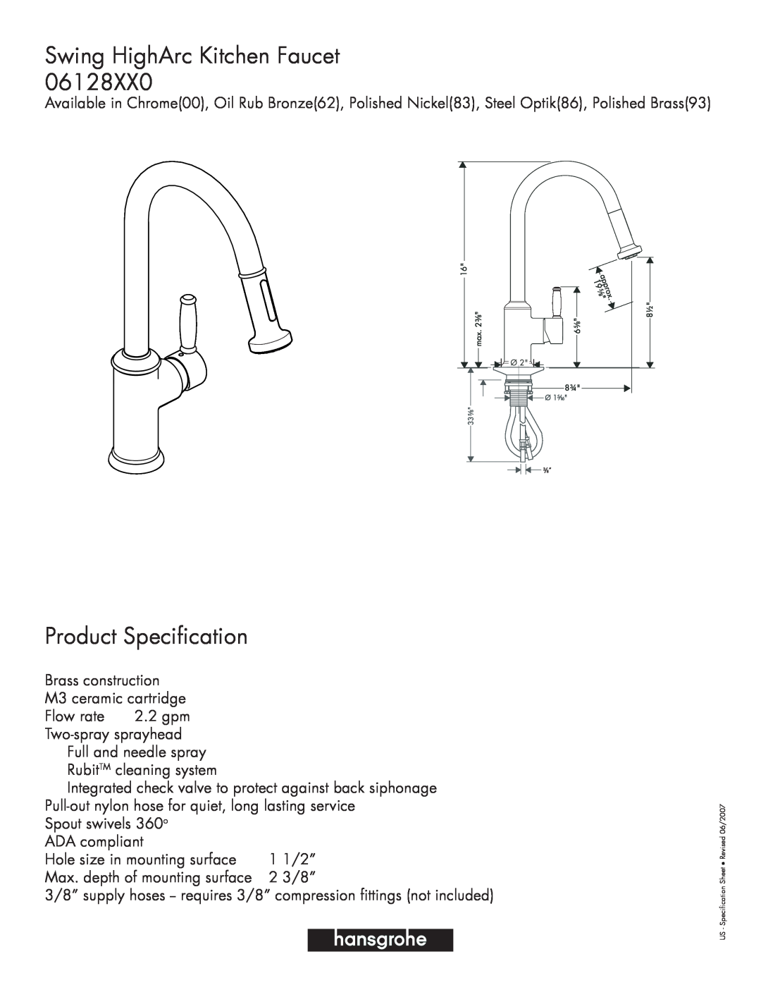 Hans Grohe 06128XX0 specifications Swing HighArc Kitchen Faucet, Product Specification 