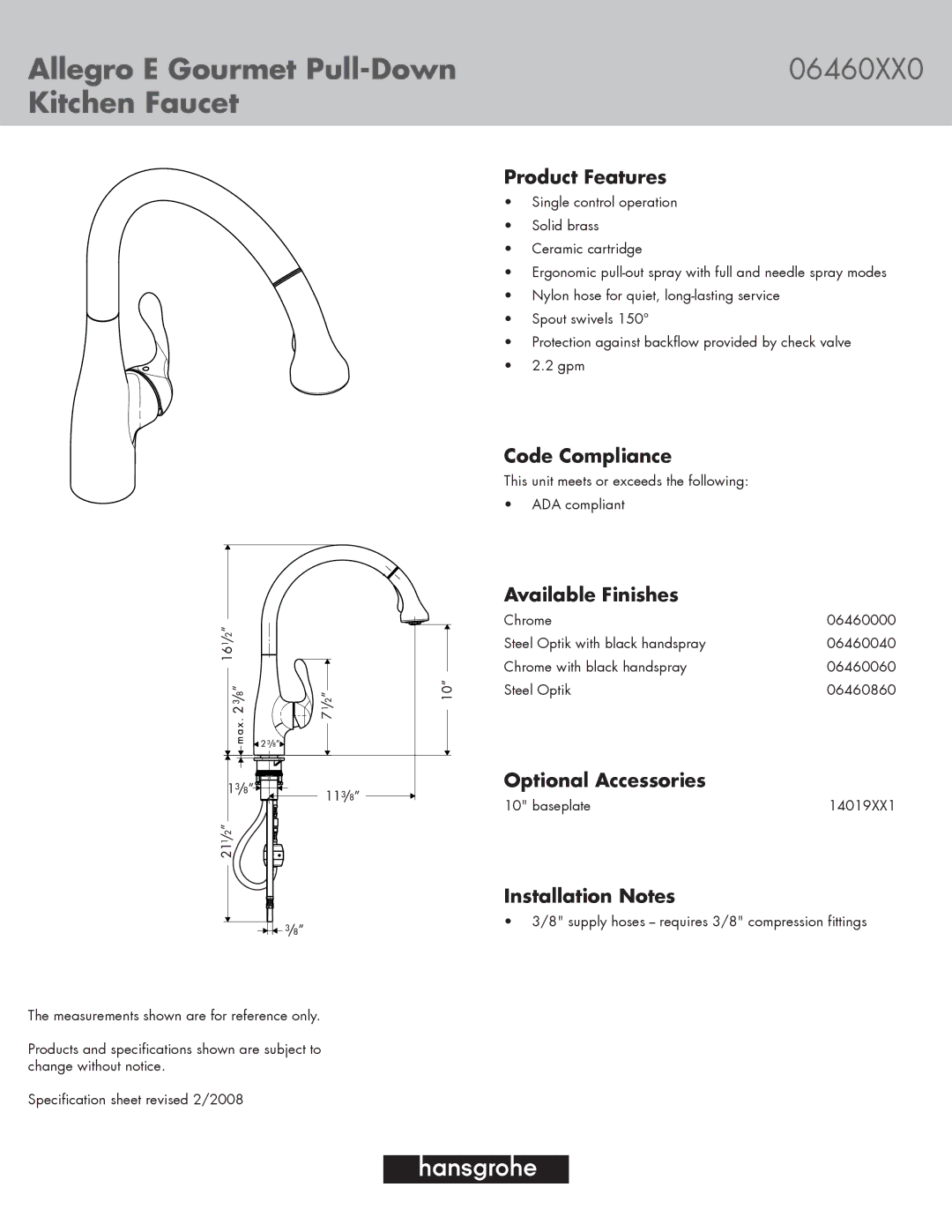 Hans Grohe 06460XX0, 06460860, 06460040, 06460060, 06460000 specifications Allegro E Gourmet Pull-Down, Kitchen Faucet 