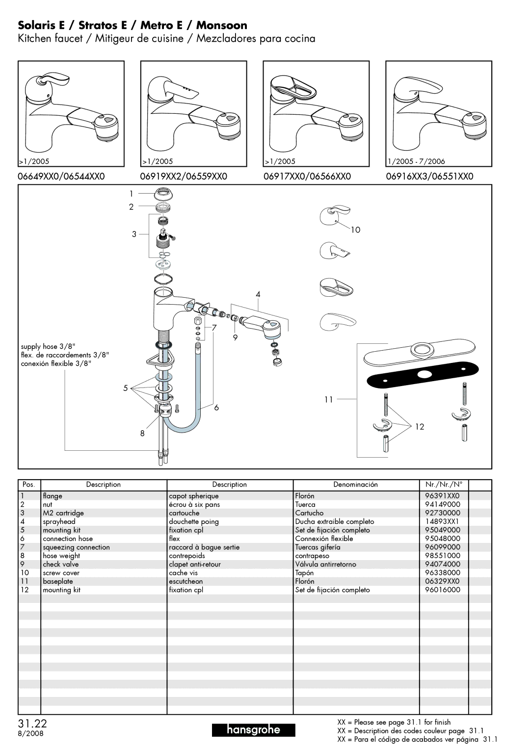 Hans Grohe 06917XX0, 06544XX0, 06916XX3, 06919XX2, 06649XX0, 06559XX0 manual Solaris E / Stratos E / Metro E / Monsoon, 31.22 