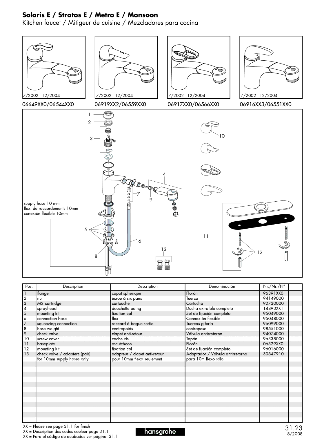 Hans Grohe 06916XX3, 06544XX0, 06917XX0, 06919XX2, 06649XX0, 06559XX0, 06566XX0, 06551XX0 manual 31.23 