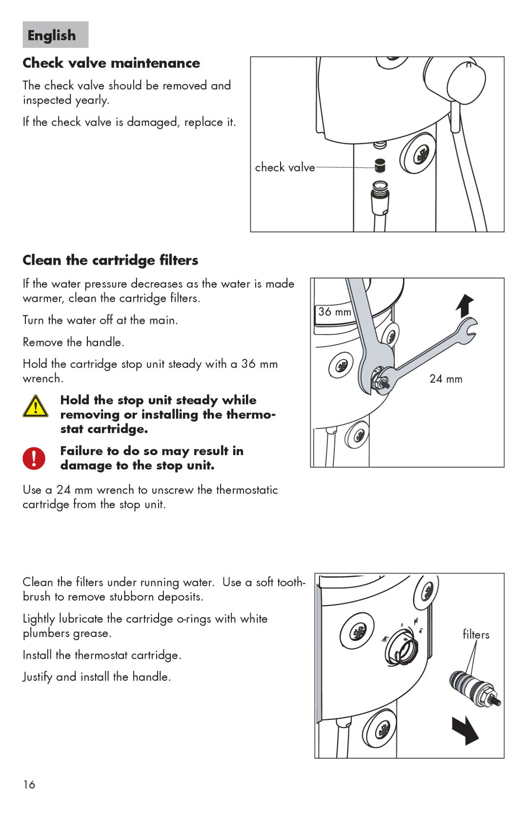 Hans Grohe 06550XX0, II, 06549XX0, 06573000, 0657000, 06565XX0 English Check valve maintenance, Clean the cartridge filters 