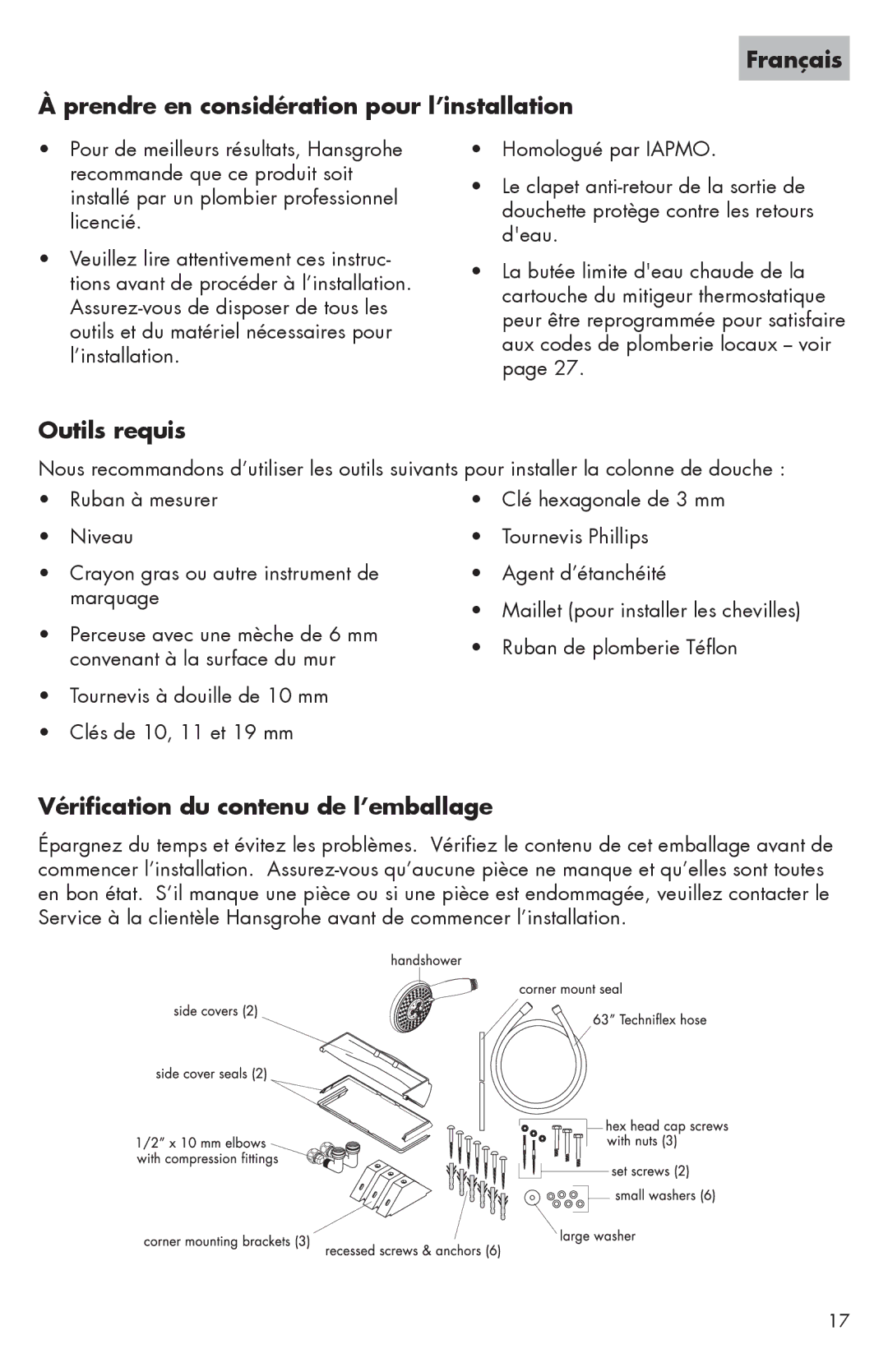 Hans Grohe I Français Prendre en considération pour l’installation, Outils requis, Vérification du contenu de l’emballage 