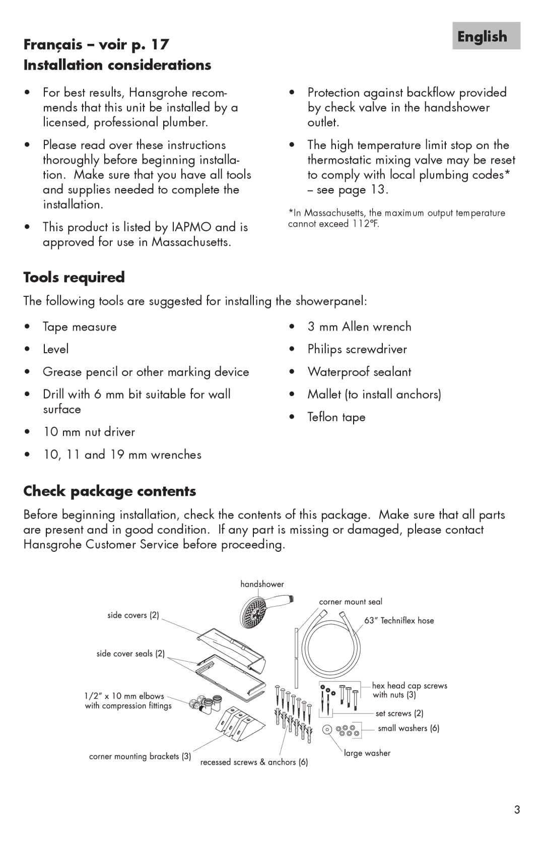 Hans Grohe 06549XX0, 06550XX0 Français voir p Installation considerations, English, Tools required, Check package contents 