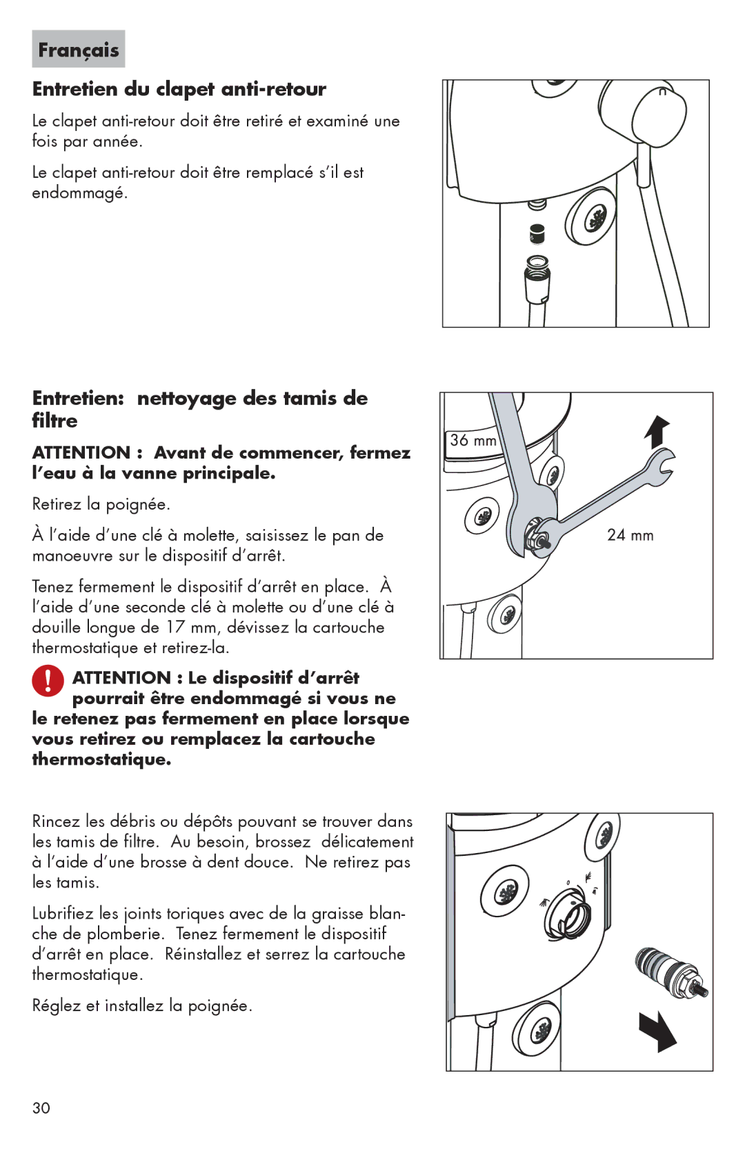 Hans Grohe 06565XX0, 06550XX0, II Français Entretien du clapet anti-retour, Entretien nettoyage des tamis de filtre 