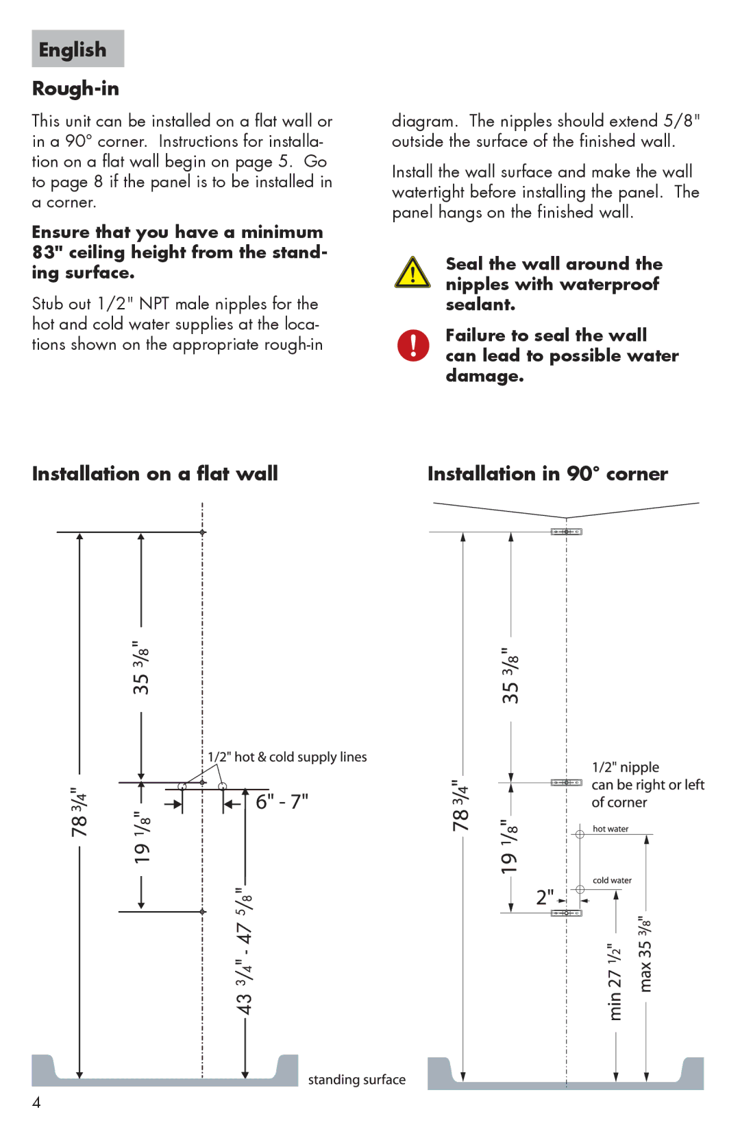 Hans Grohe 06573000, 06550XX0, II, 06549XX0, 0657000 English Rough-in, Installation on a flat wall Installation in 90 corner 