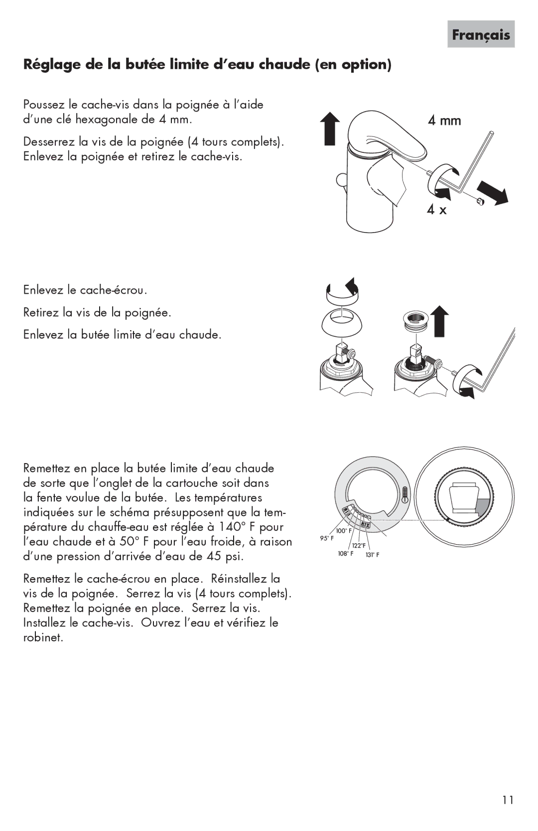 Hans Grohe 06571XX0, 06631XX0, 06575XX0 installation instructions Français Réglage de la butée limite d’eau chaude en option 