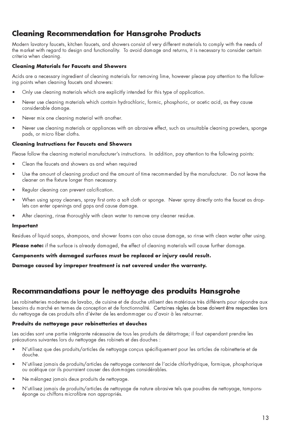 Hans Grohe 06575XX0, 06631XX0, 06571XX0 installation instructions Cleaning Recommendation for Hansgrohe Products 