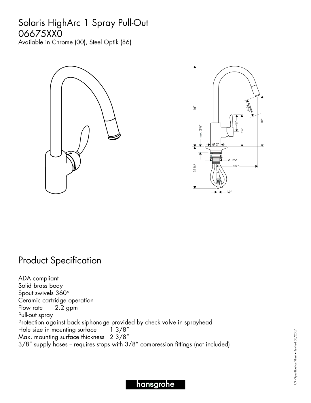 Hans Grohe 06675XX0 specifications Solaris HighArc 1 Spray Pull-Out, Product Specification 