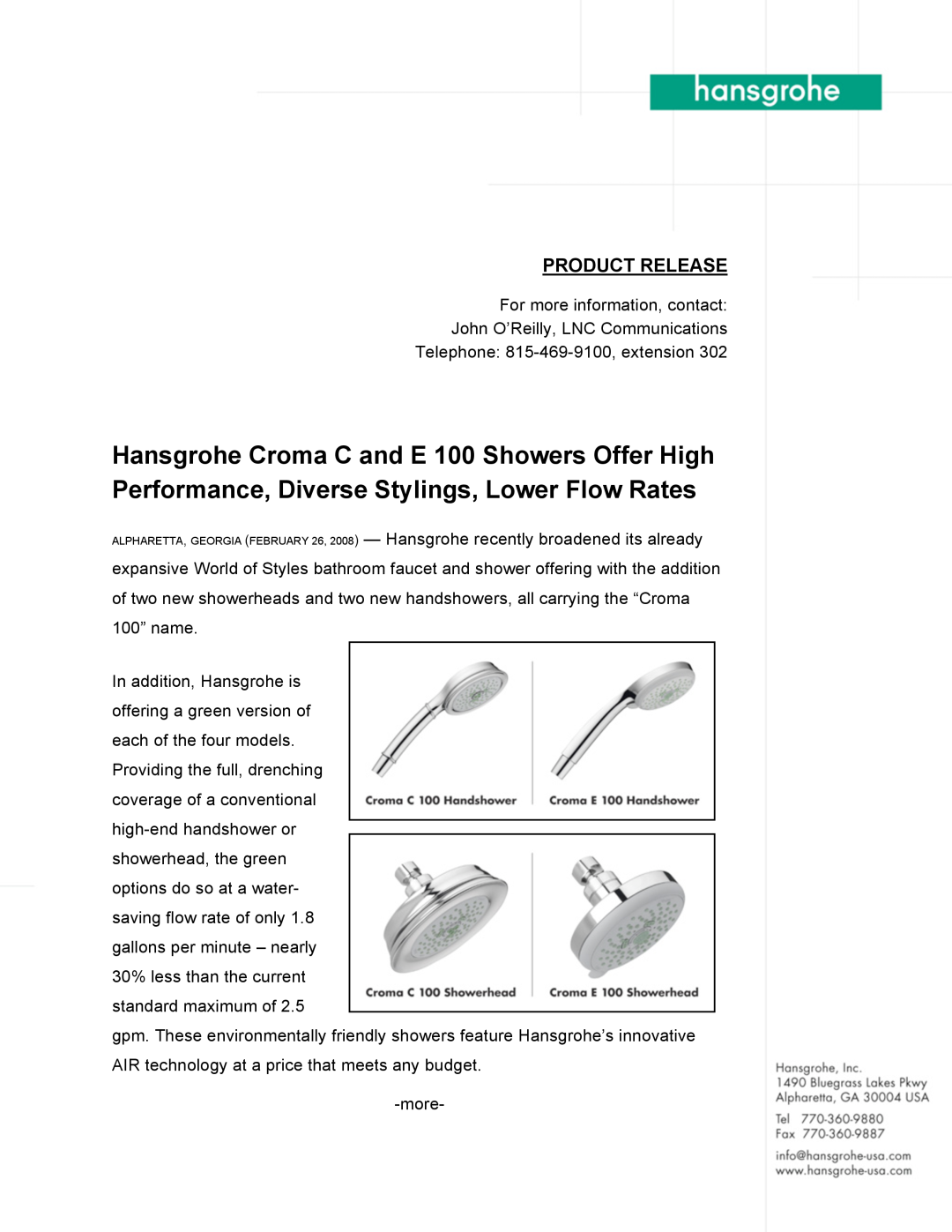 Hans Grohe 100 manual Product Release 