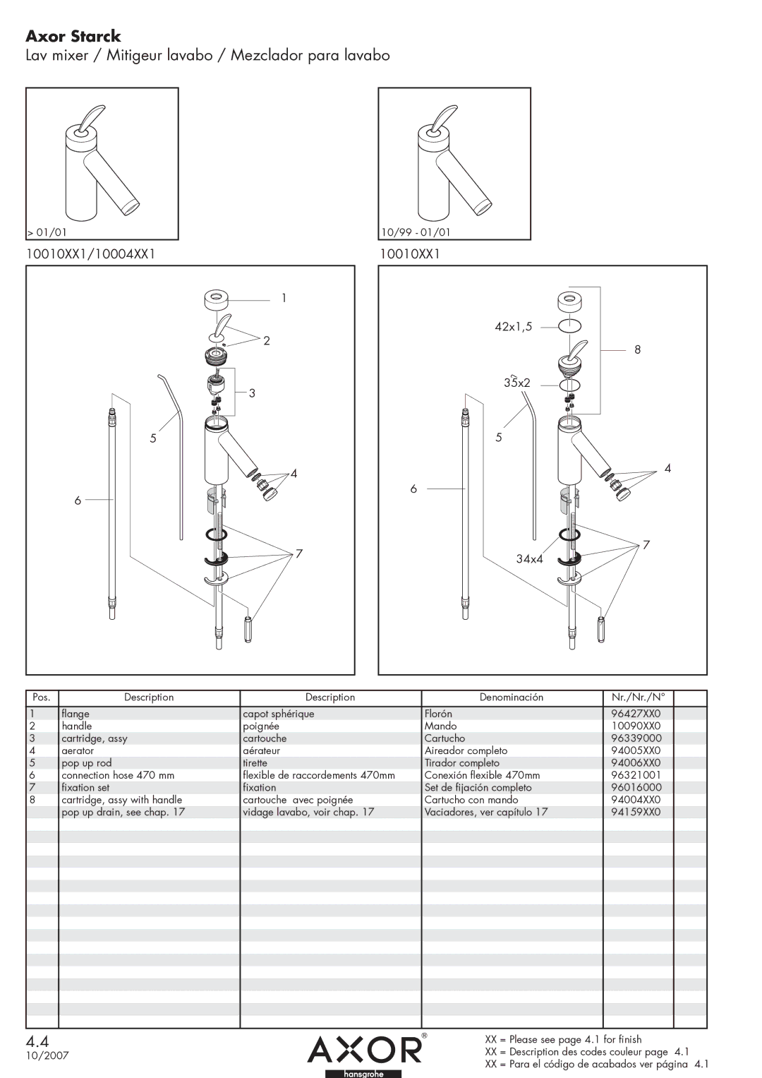 Hans Grohe manual Axor Starck, Lav mixer / Mitigeur lavabo / Mezclador para lavabo, 10010XX1/10004XX1 0010XX1 