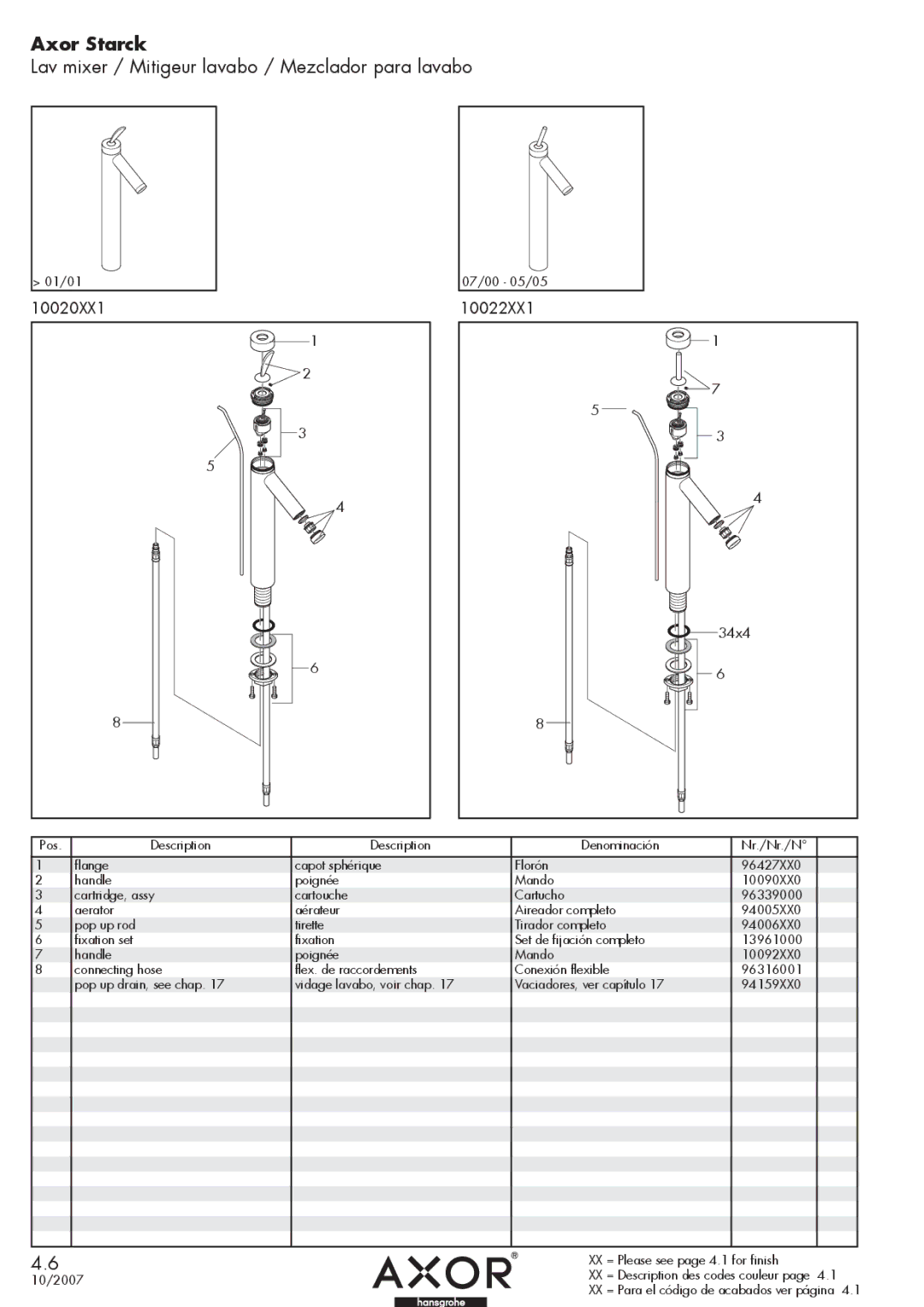 Hans Grohe 10022XX manual Axor Starck, Lav mixer / Mitigeur lavabo / Mezclador para lavabo, 10020XX1 0022XX1, 34x4 