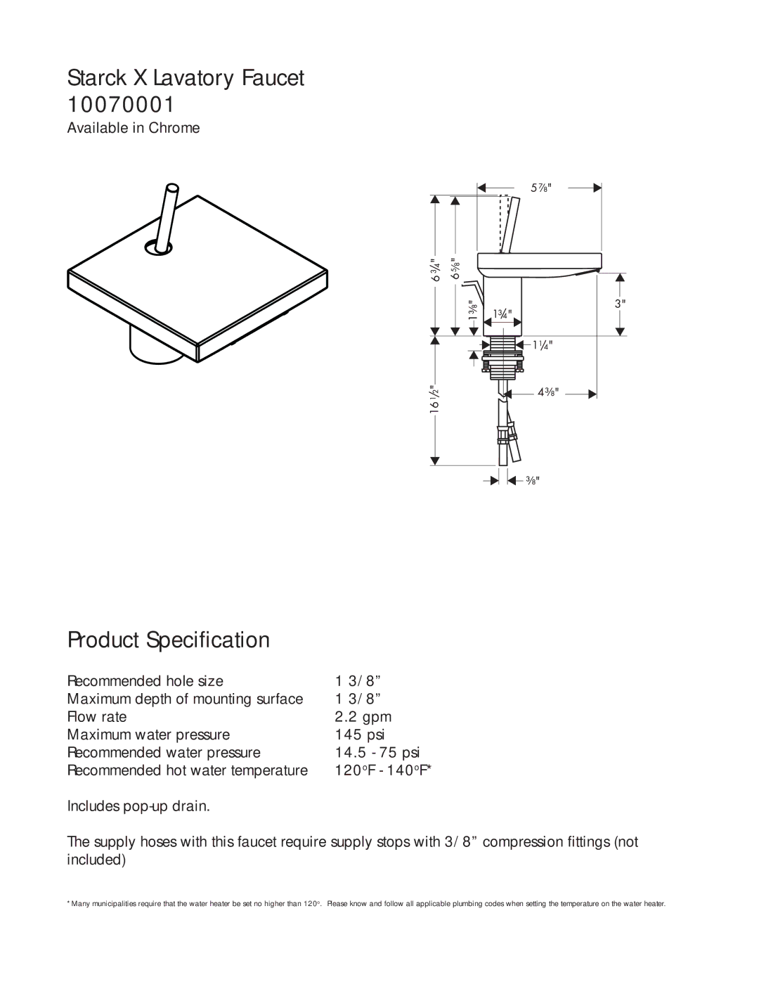 Hans Grohe 10070001 manual Starck X Lavatory Faucet, Product Specification 