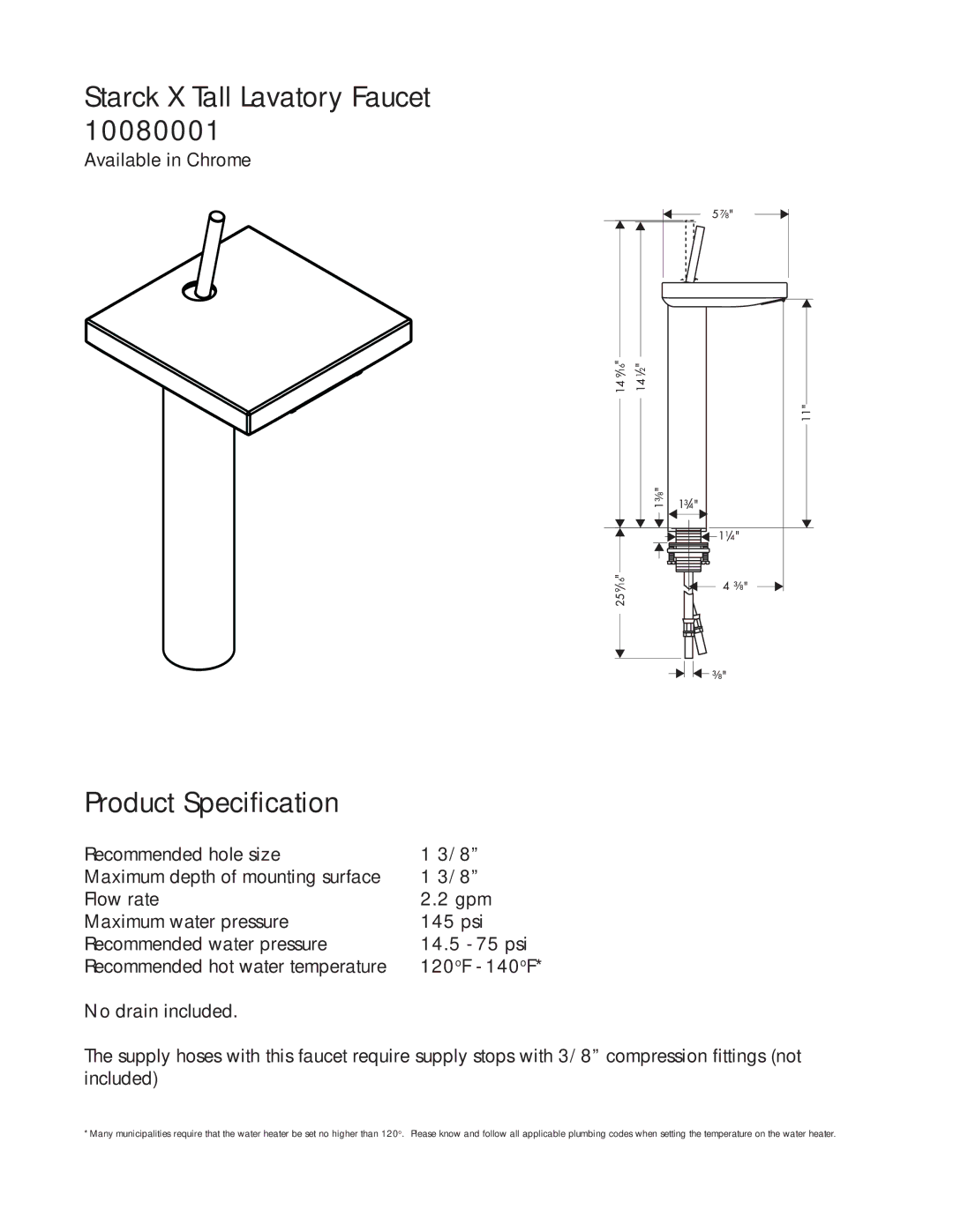 Hans Grohe 10080001 manual Starck X Tall Lavatory Faucet, Product Specification 