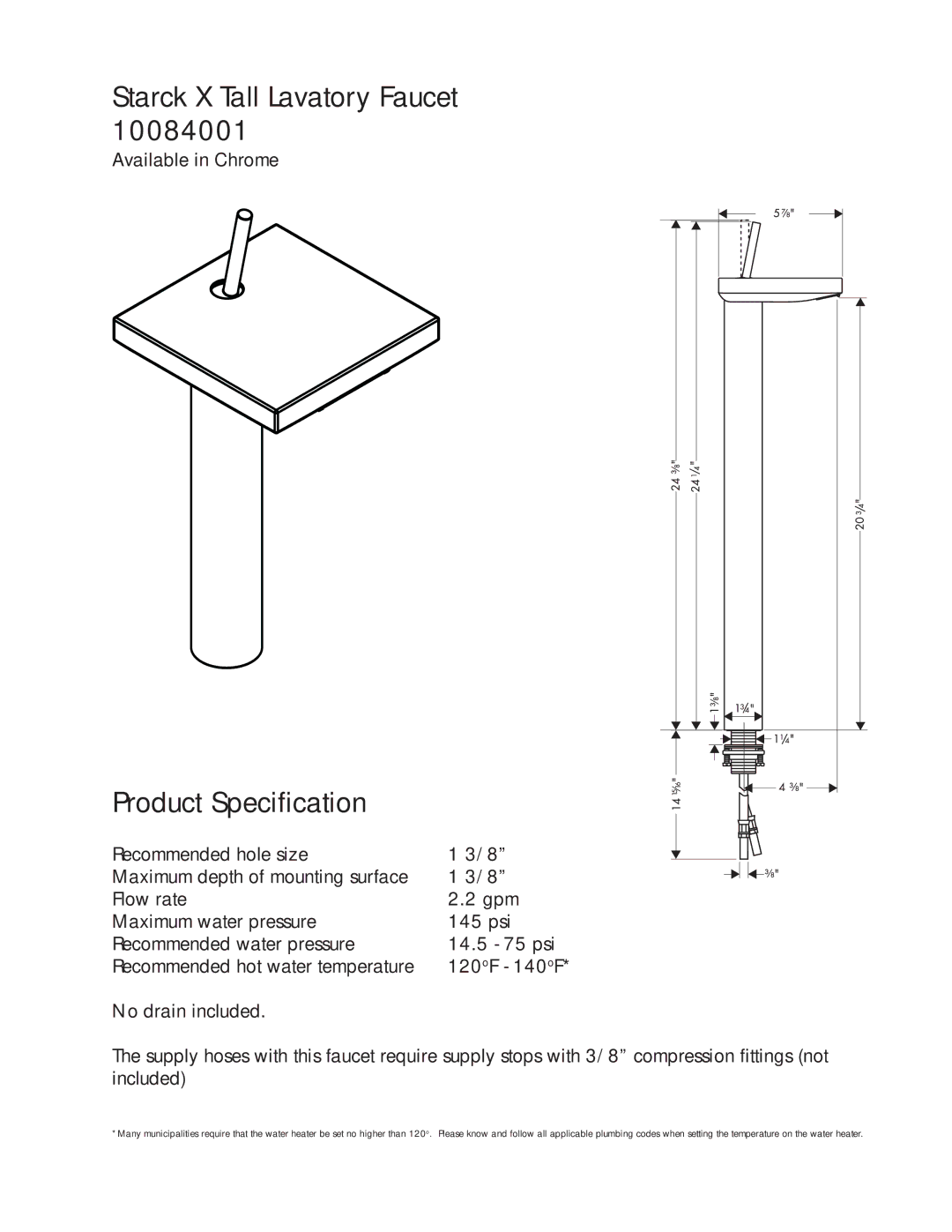Hans Grohe 10084001 manual Starck X Tall Lavatory Faucet, Product Specification 