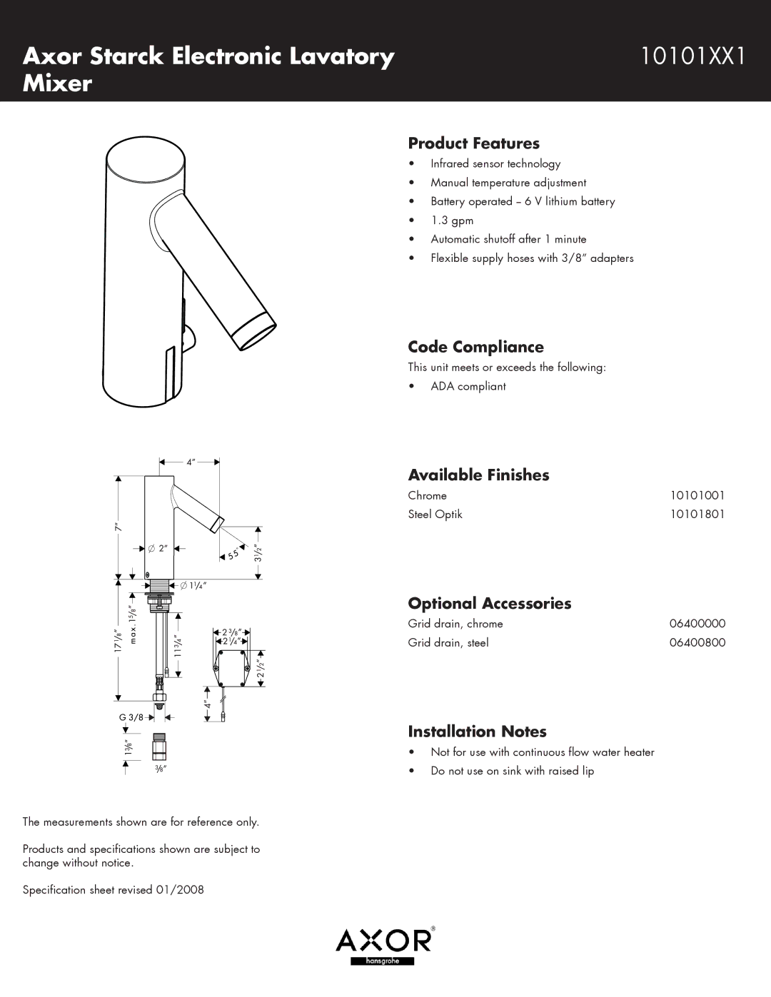 Hans Grohe specifications Axor Starck Electronic Lavatory 10101XX1 Mixer 