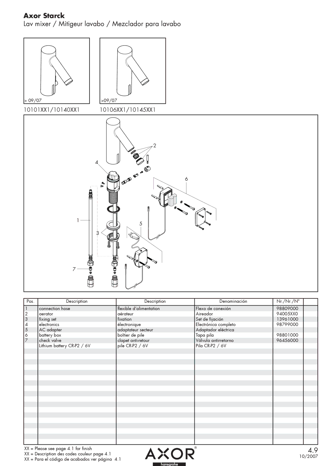 Hans Grohe 10145XX1, 10106XX1, 10140XX1, 10010XX1 manual Axor Starck, Lav mixer / Mitigeur lavabo / Mezclador para lavabo 