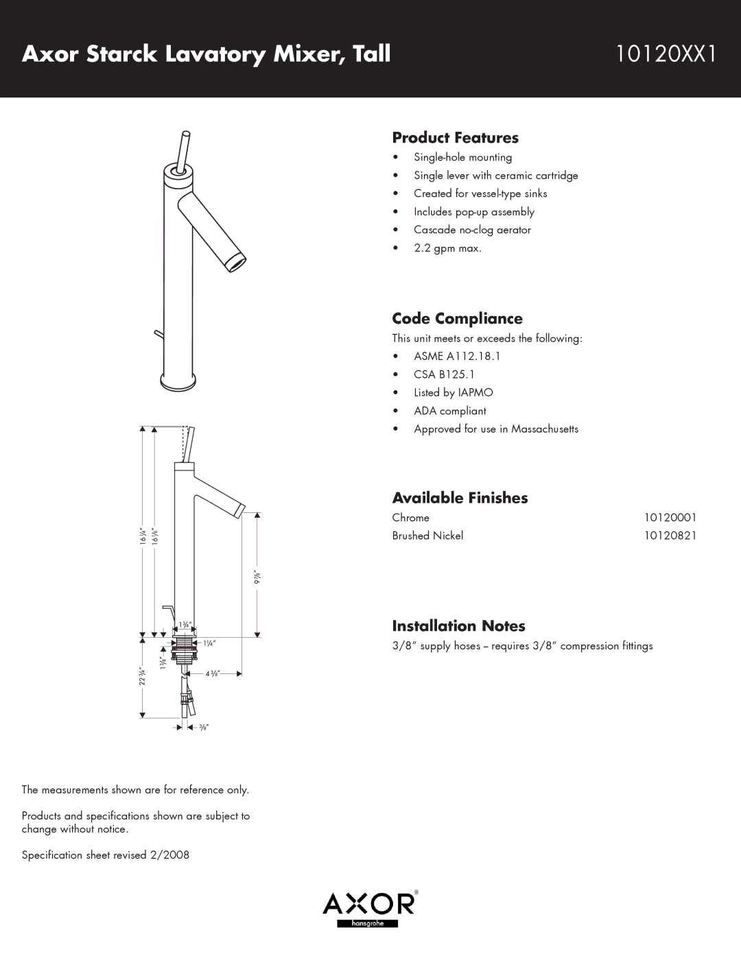 Hans Grohe specifications Axor Starck Lavatory Mixer, Tall 10120XX1, Product Features, Code Compliance 