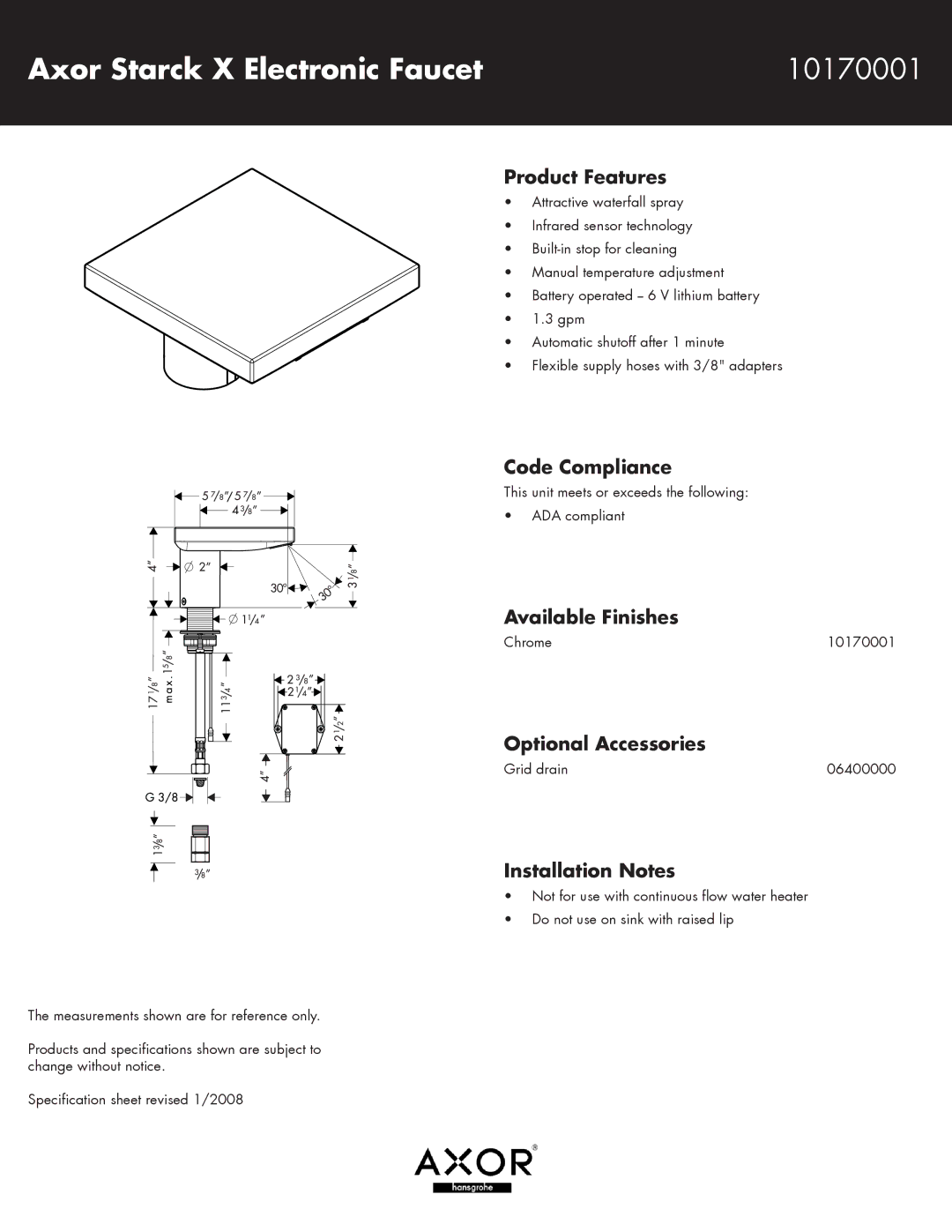 Hans Grohe specifications Axor Starck X Electronic Faucet 10170001 