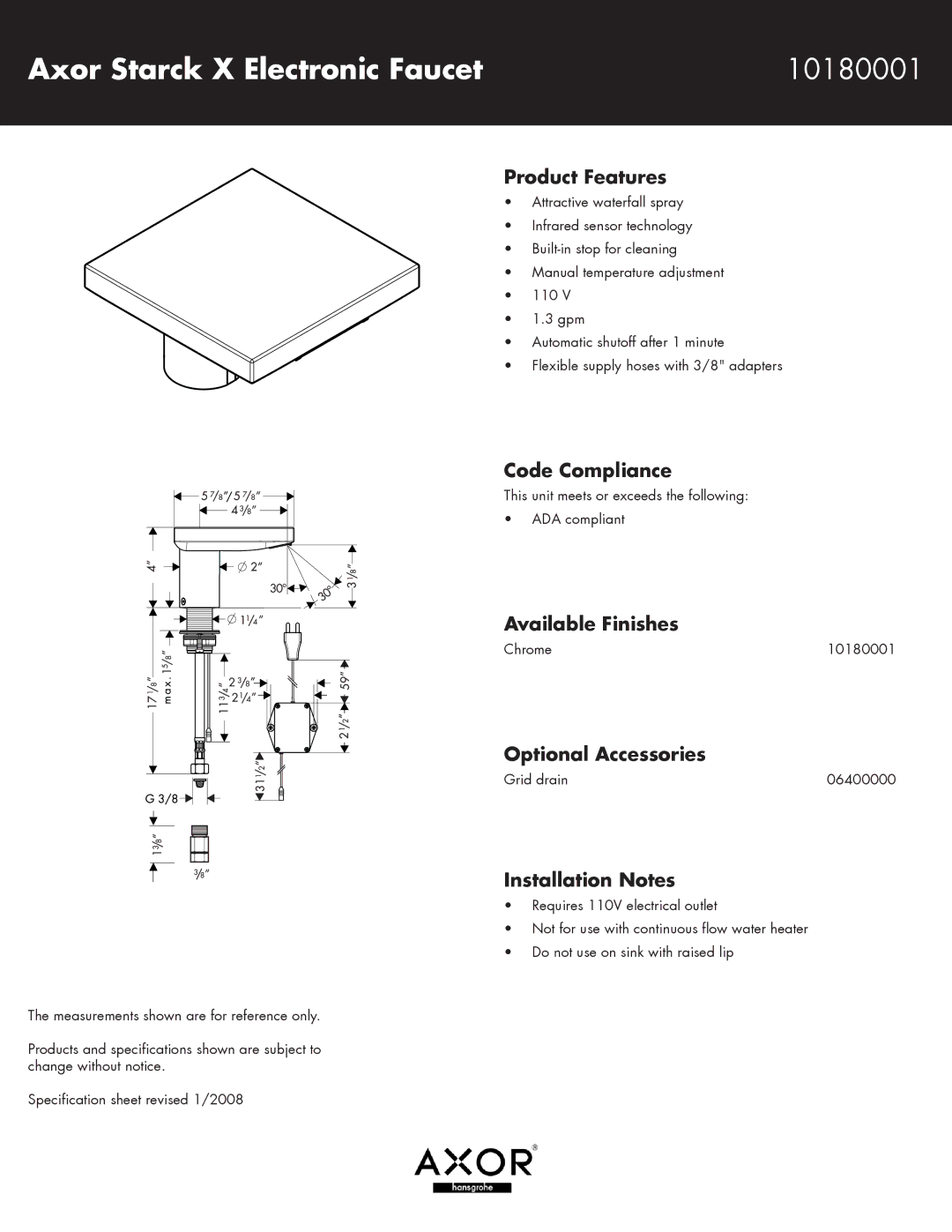 Hans Grohe specifications Axor Starck X Electronic Faucet 10180001 