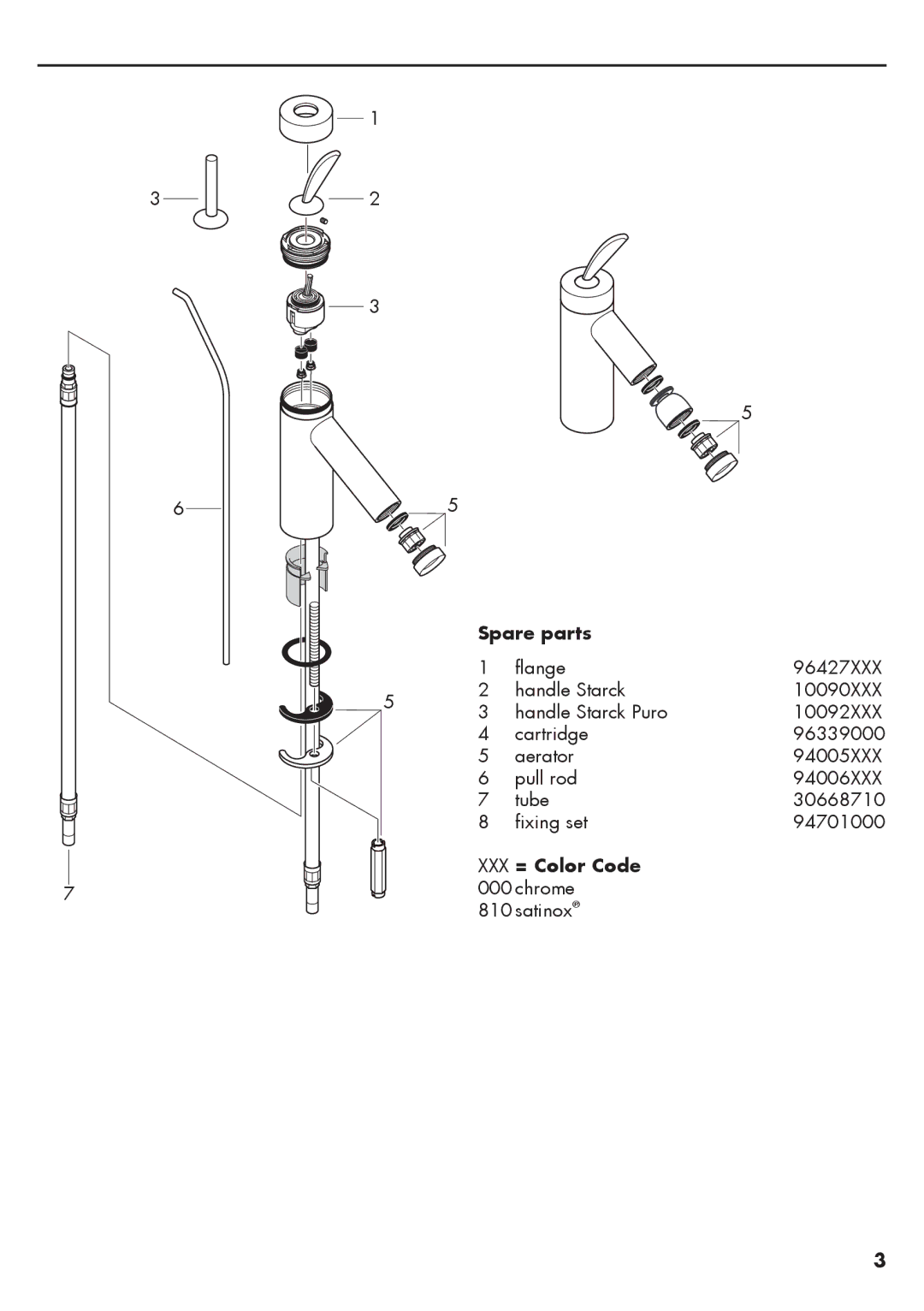 Hans Grohe 10015XX1, 10200XX1, 10201XX1, 10016XX1, 10011XX1 installation instructions Spare parts, XXX = Color Code 