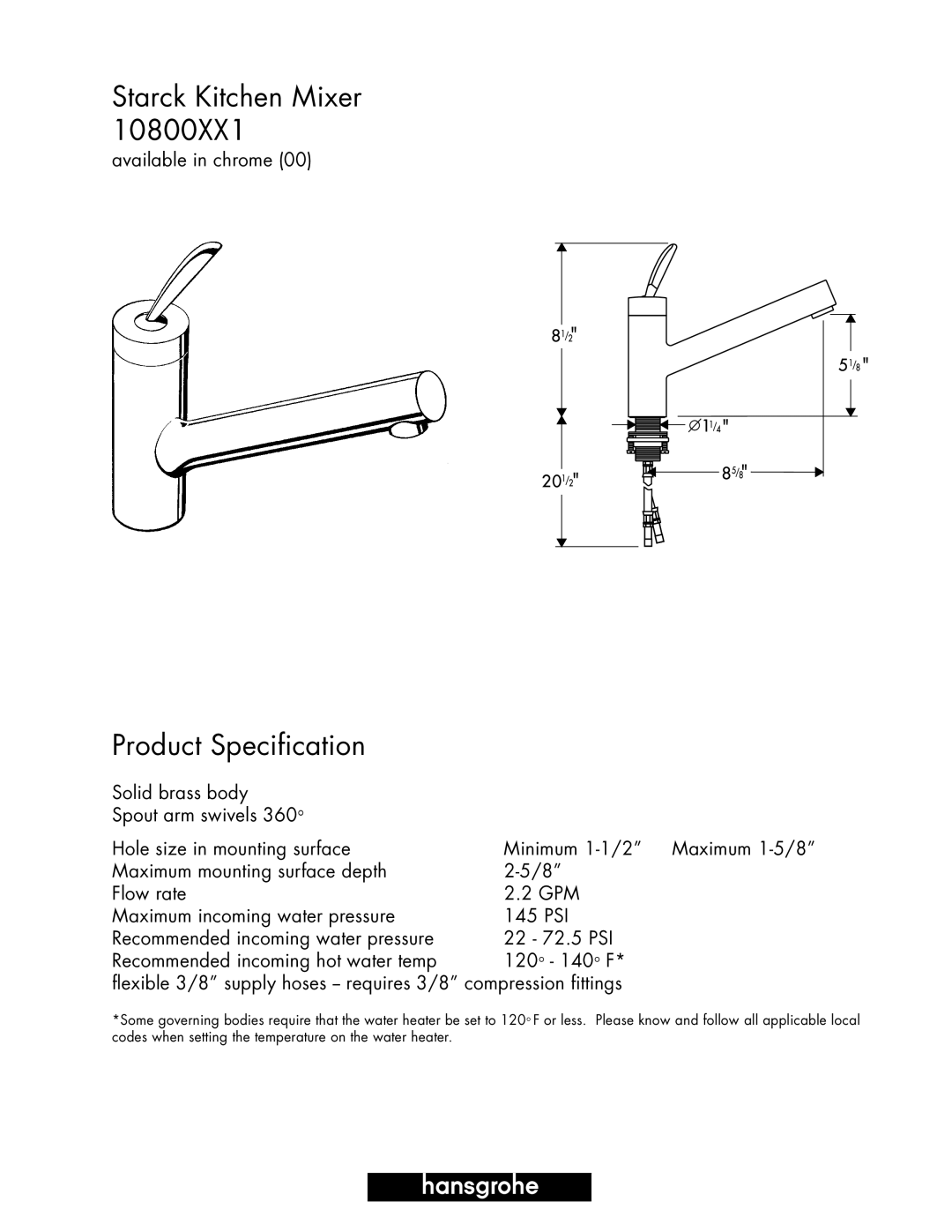 Hans Grohe 10800XX1 specifications Starck Kitchen Mixer, Product Specification 