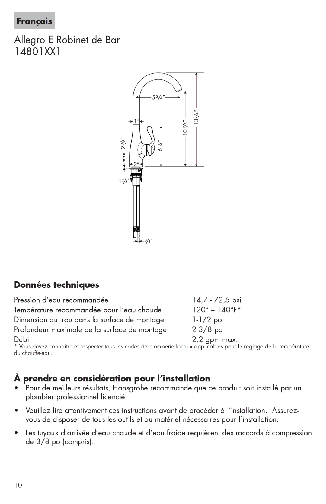 Hans Grohe 14801XX1 installation instructions Allegro E Robinet de Bar 