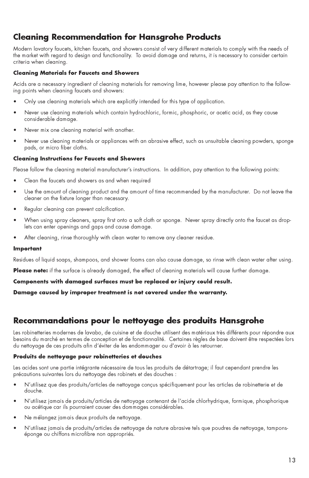 Hans Grohe 14801XX1 installation instructions Cleaning Recommendation for Hansgrohe Products 