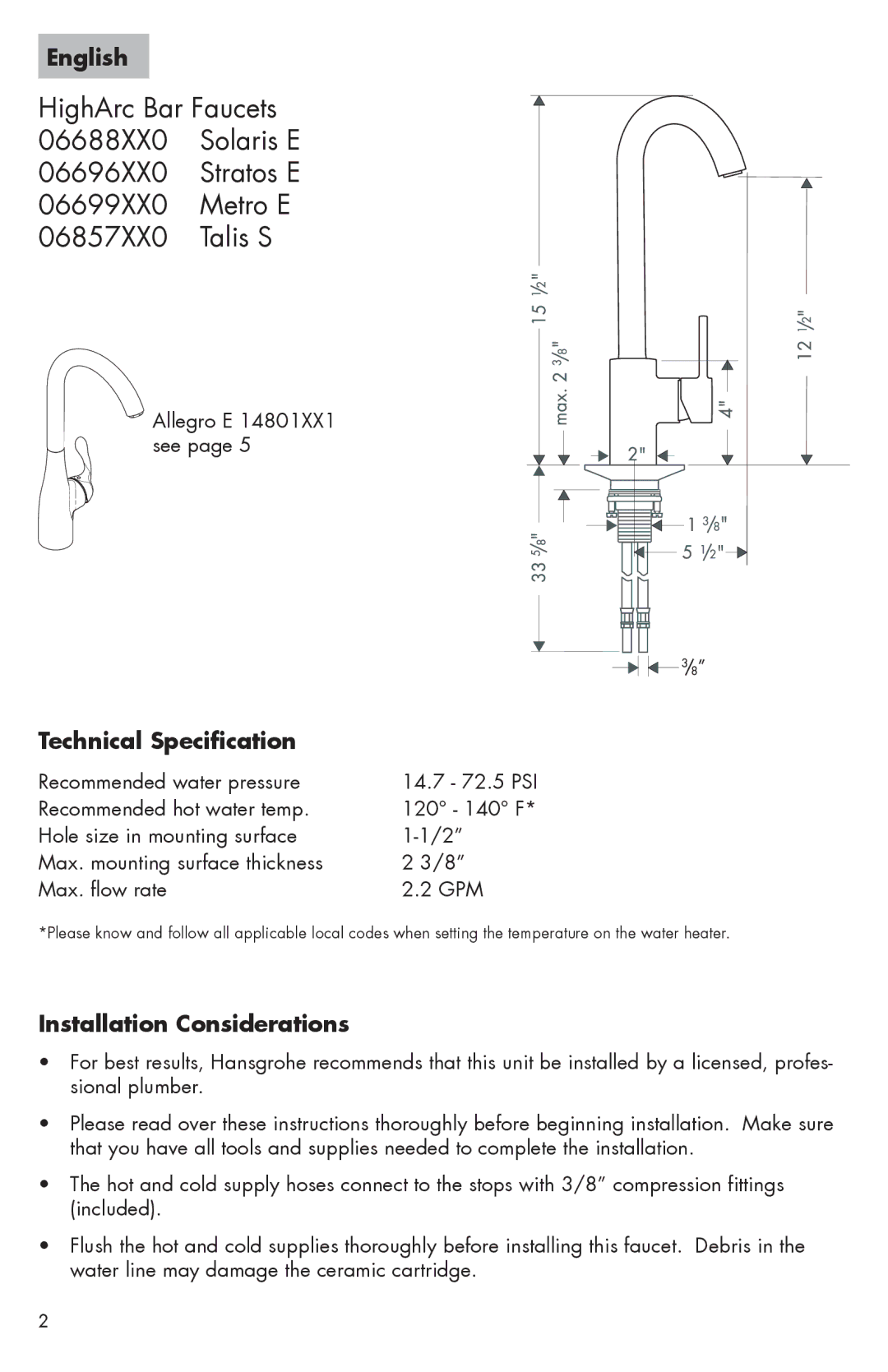 Hans Grohe 14801XX1 installation instructions English, Technical Specification, Installation Considerations 