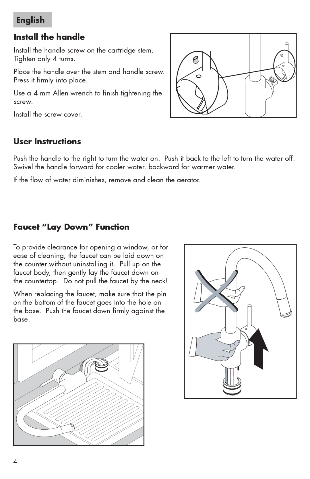 Hans Grohe 14801XX1 installation instructions English Install the handle, User Instructions, Faucet Lay Down Function 