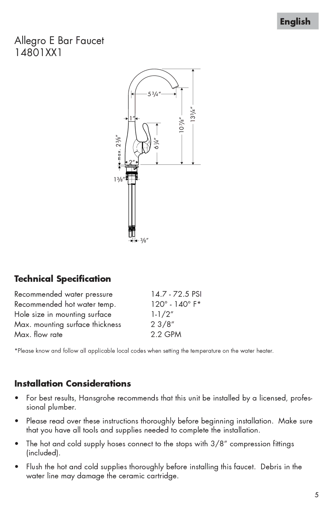 Hans Grohe 14801XX1 installation instructions Allegro E Bar Faucet 