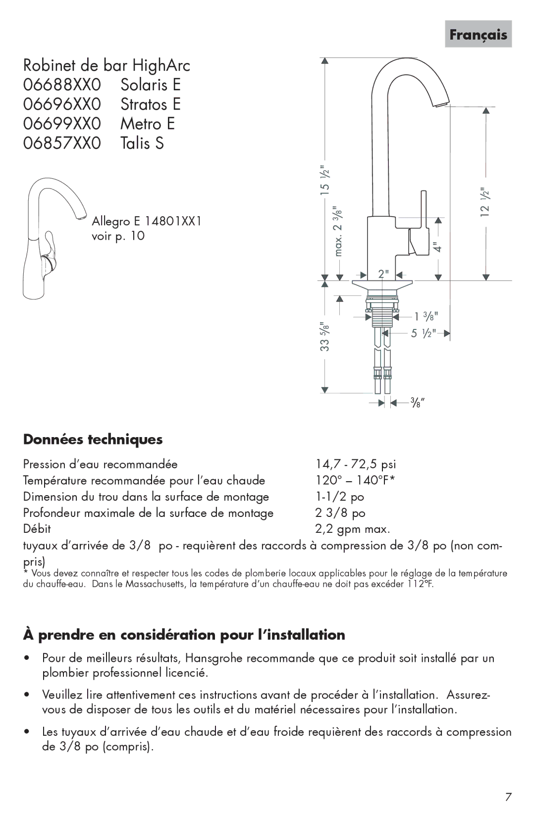 Hans Grohe 14801XX1 installation instructions Français, Données techniques, Prendre en considération pour l’installation 