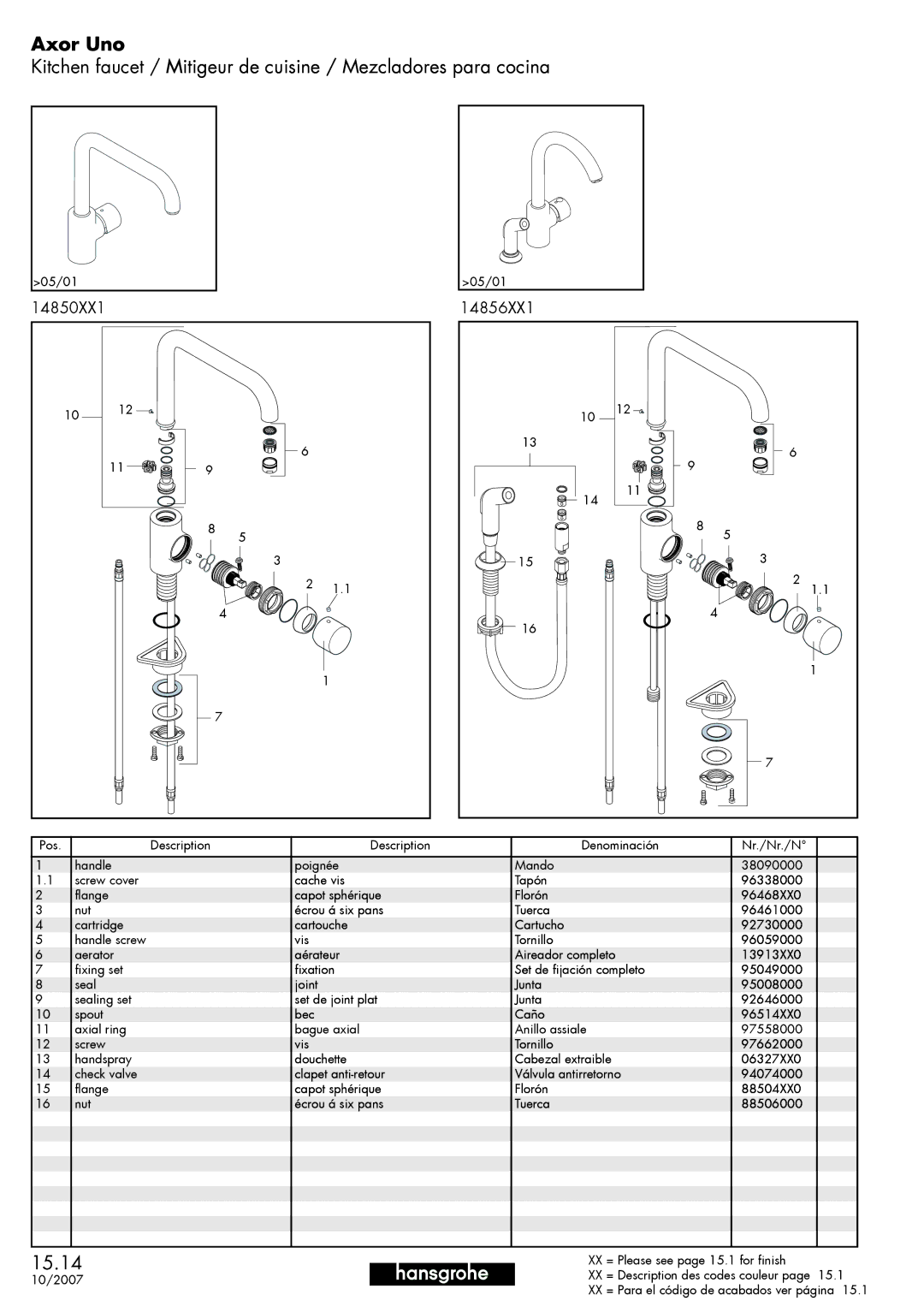 Hans Grohe 14850XX1 manual 15.14, 14856XX1 