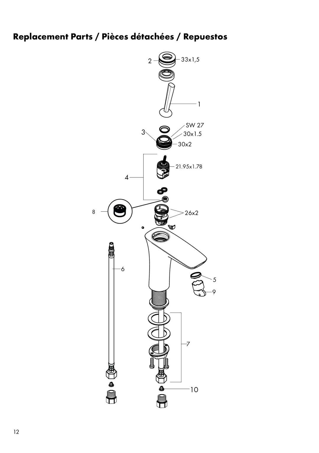 Hans Grohe 15070XX1, 15072XX1 installation instructions Replacement Parts / Pièces détachées / Repuestos 