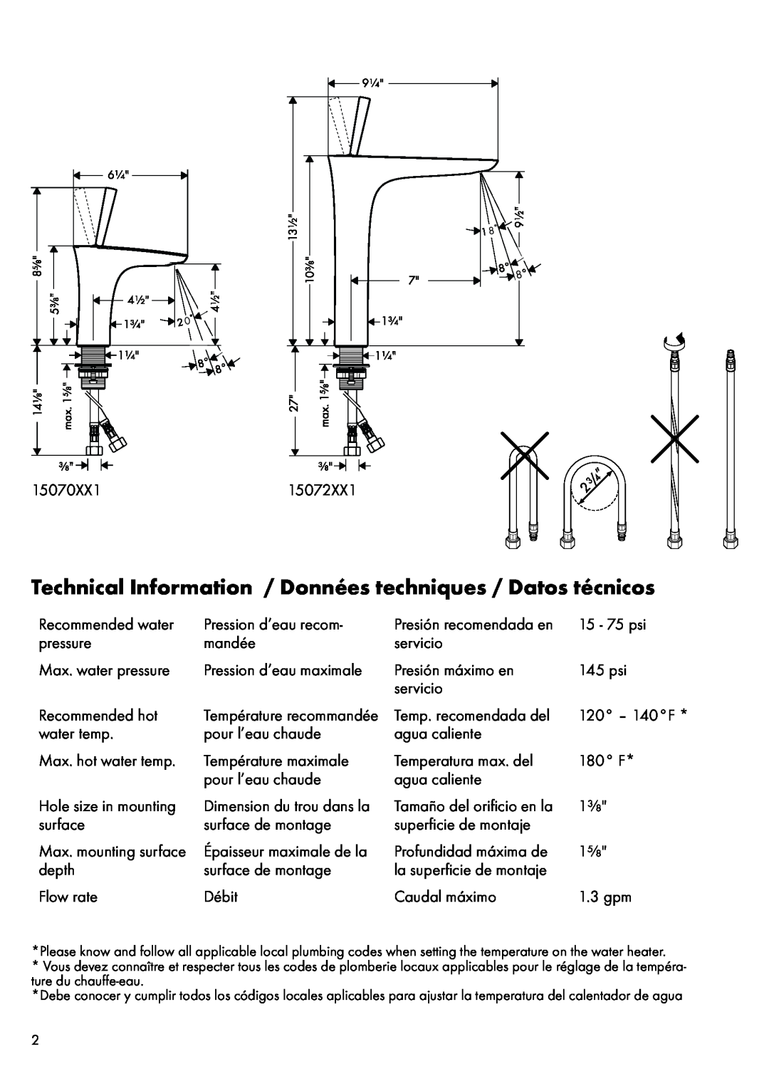 Hans Grohe 15070XX1, 15072XX1 installation instructions Technical Information / Données techniques / Datos técnicos 