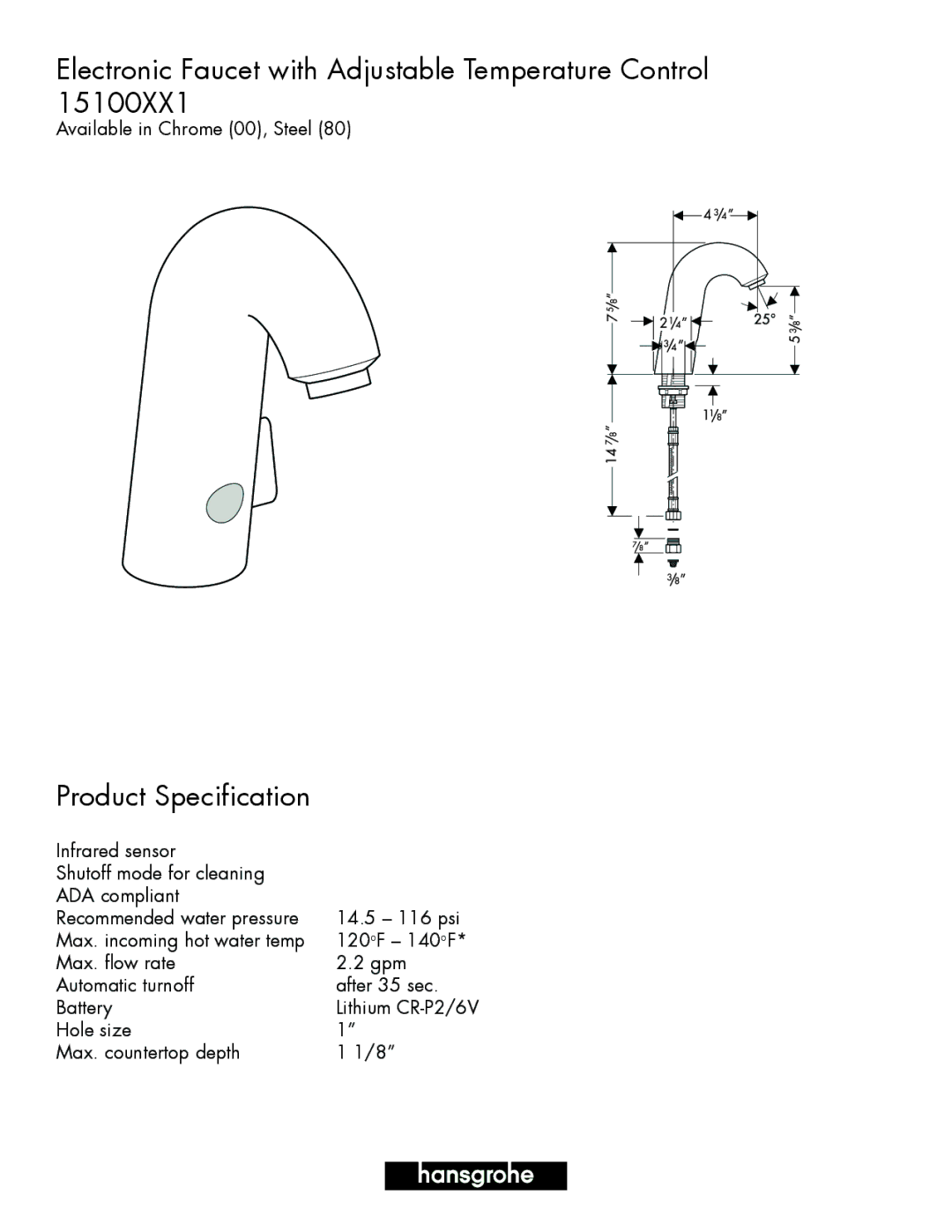 Hans Grohe 15100XX1 manual Electronic Faucet with Adjustable Temperature Control, Product Specification 