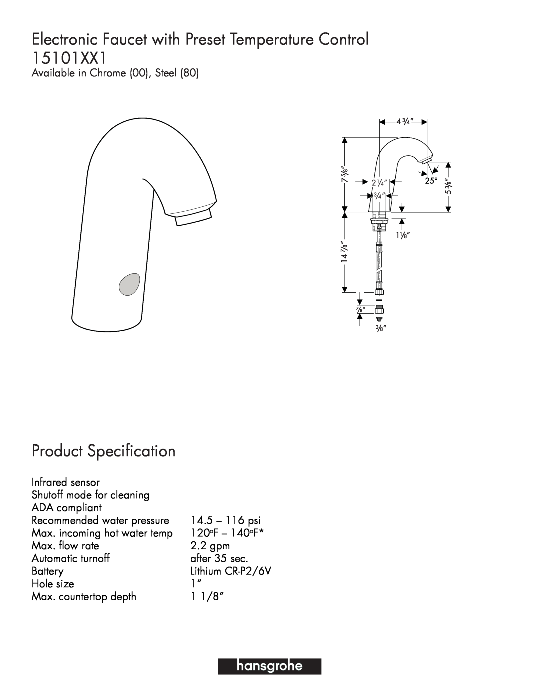 Hans Grohe 15101XX1 manual Electronic Faucet with Preset Temperature Control, Product Specification 