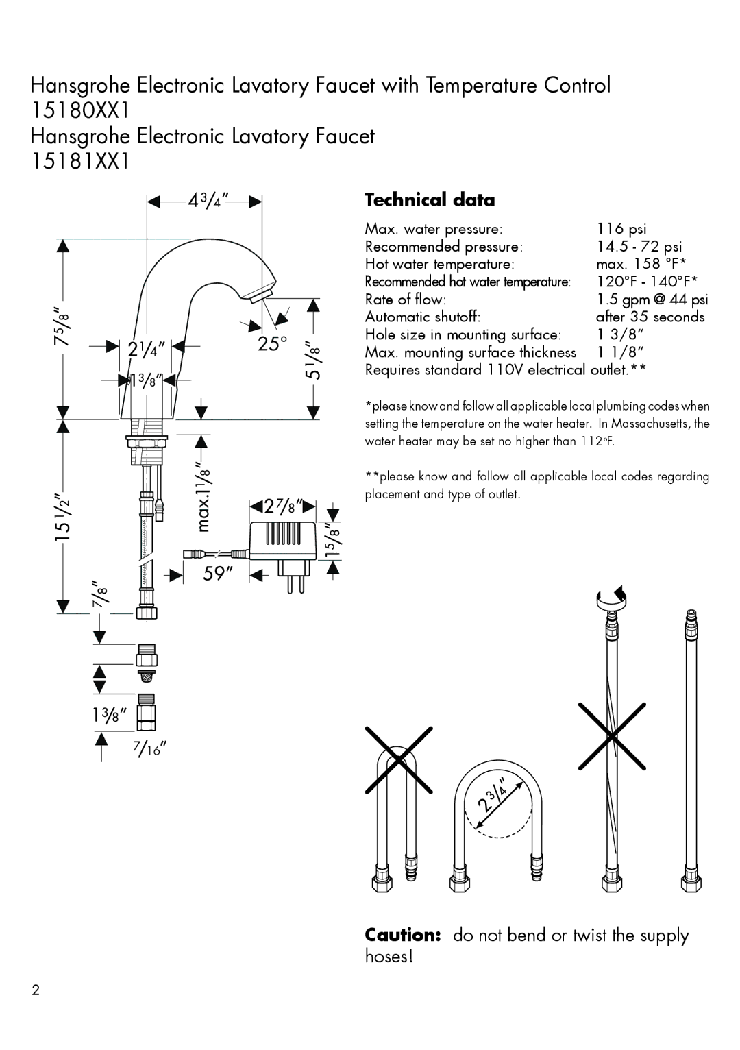 Hans Grohe 15180XX1, 15181XX1 installation instructions Technical data 