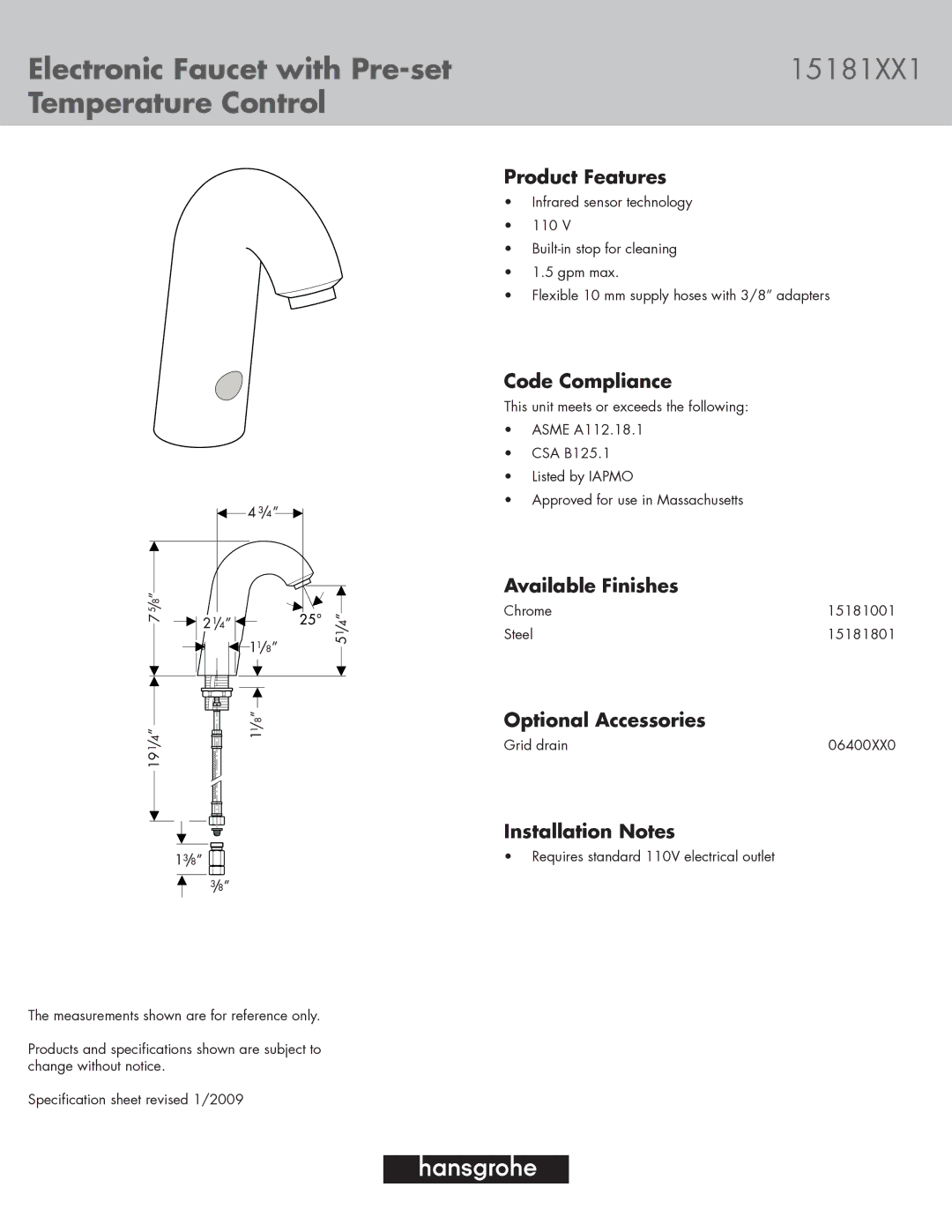 Hans Grohe 15181001, 15181801 specifications Electronic Faucet with Pre-set, Temperature Control 