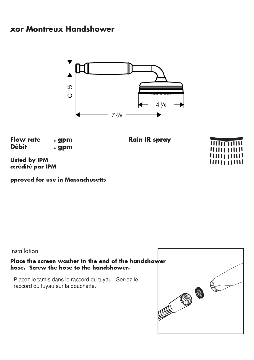 Hans Grohe 16320XX1 installation instructions Axor Montreux Handshower, Installation 