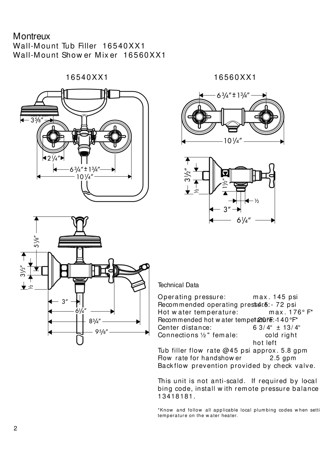 Hans Grohe 16560XX1 installation instructions Montreux, Technical Data 