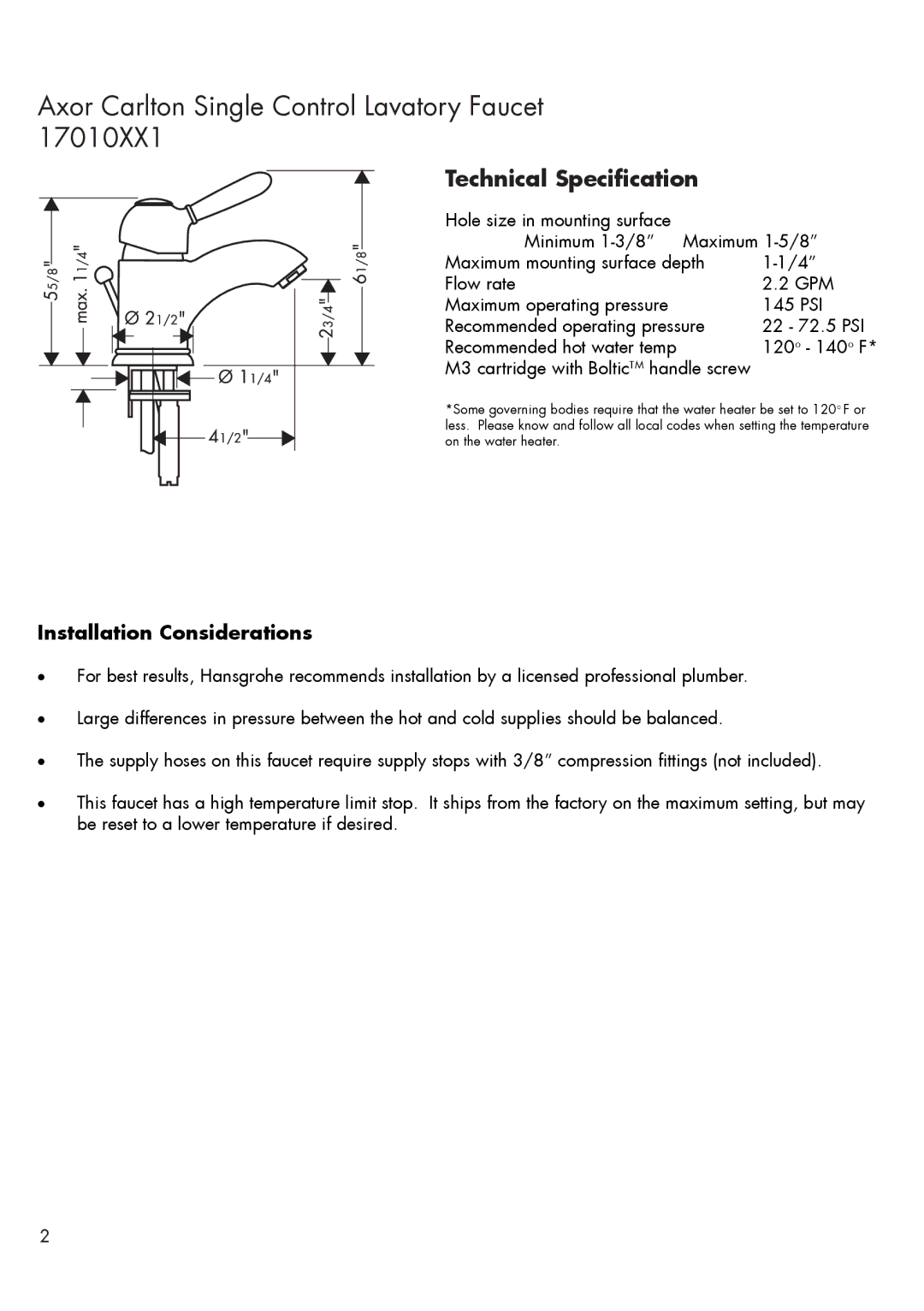 Hans Grohe 17010XX1 installation instructions Axor Carlton Single Control Lavatory Faucet, Technical Specification 