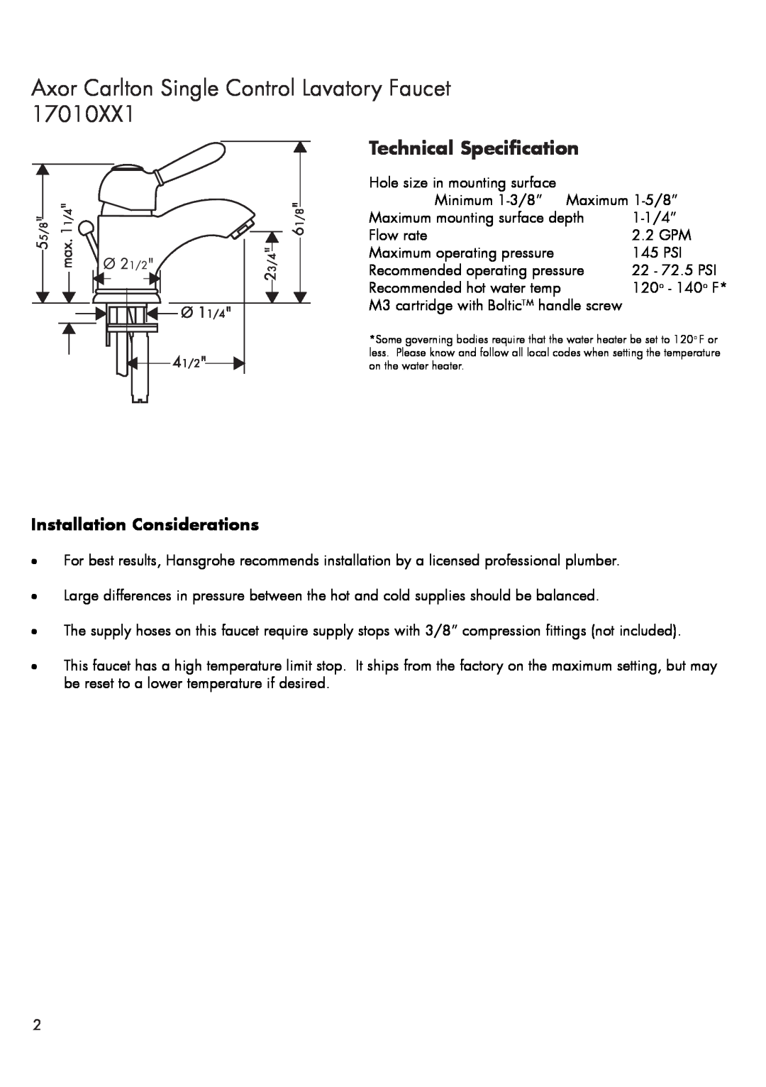 Hans Grohe 17010XX1 Technical Specification, Axor Carlton Single Control Lavatory Faucet, Installation Considerations 