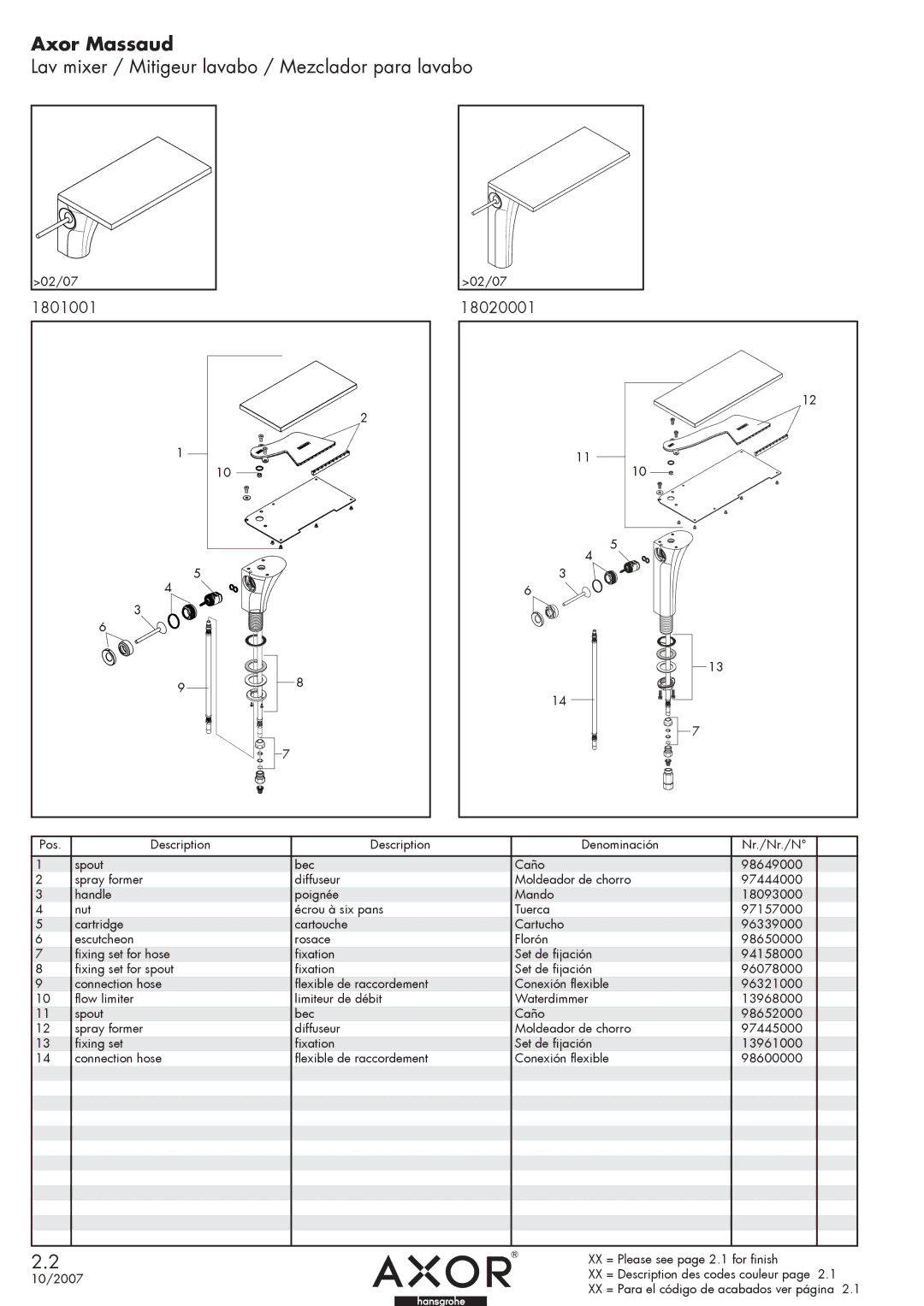 Hans Grohe 1801001 manual Axor Massaud, Lav mixer / Mitigeur lavabo / Mezclador para lavabo, 8020001 