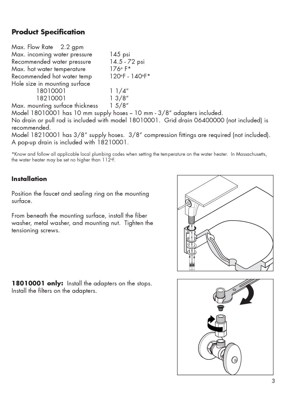 Hans Grohe 18010001, 18210001 installation instructions Product Specification, Installation 