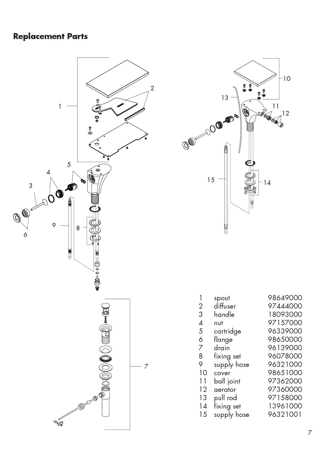 Hans Grohe 18010001, 18210001 installation instructions Replacement Parts 