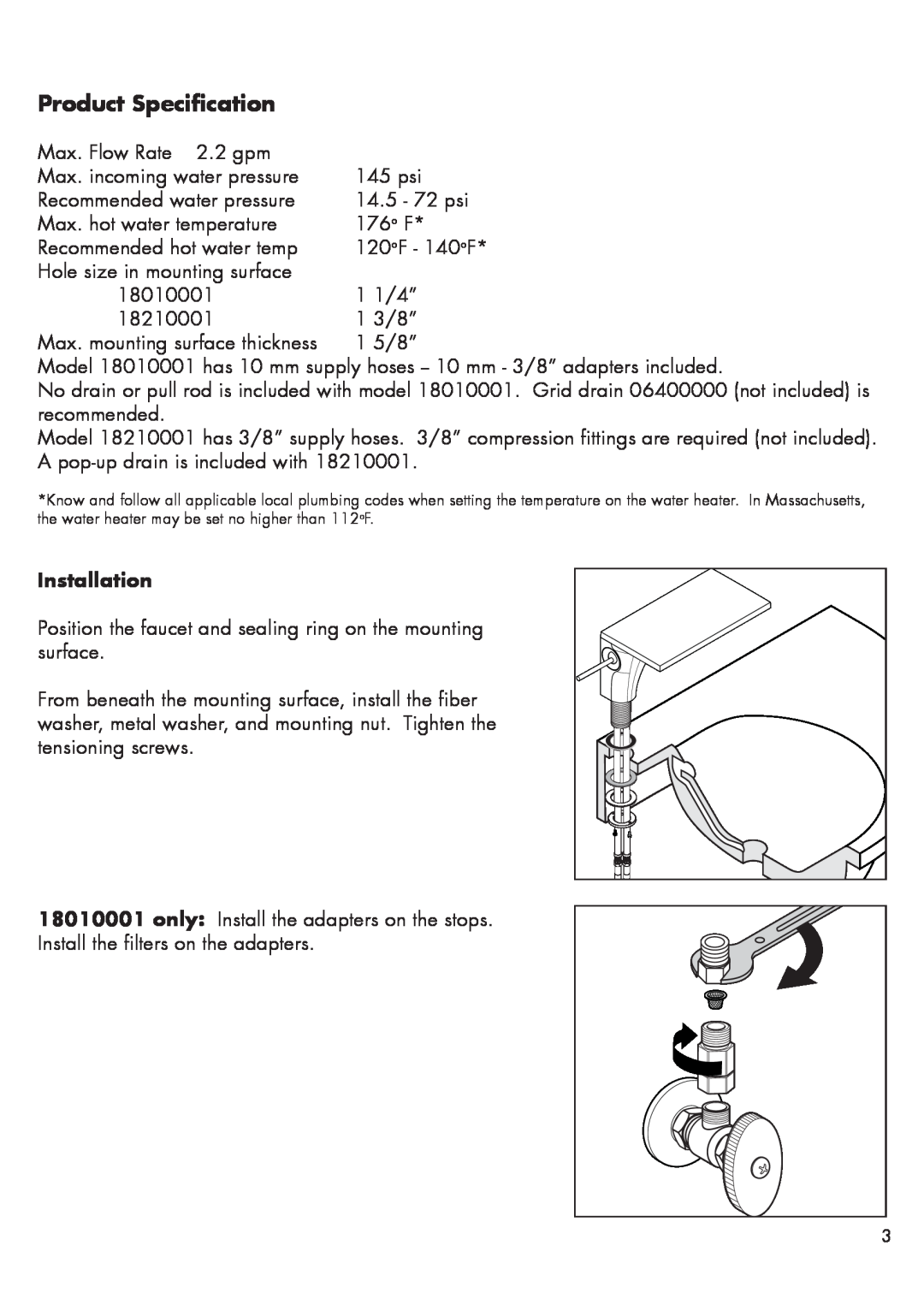 Hans Grohe 18010001, 18210001 installation instructions Product Specification, Installation 